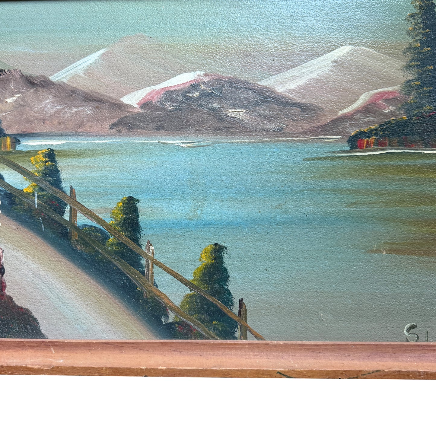 Mid-Century Folk Art Mountain Cabin Landscape Oil Painting in Walnut Frame