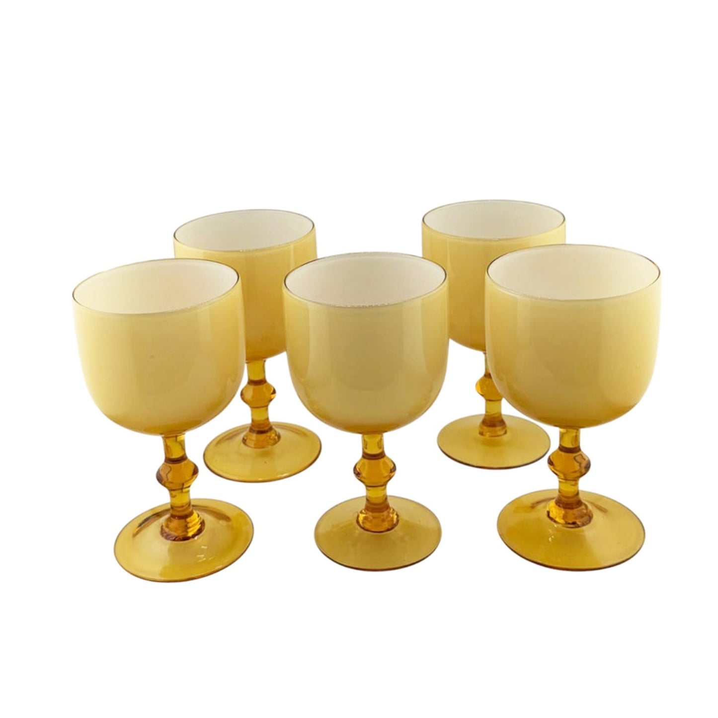 Set of Five Italian Amber and Cased Opaline Glass Wine Goblets Carlo Moretti