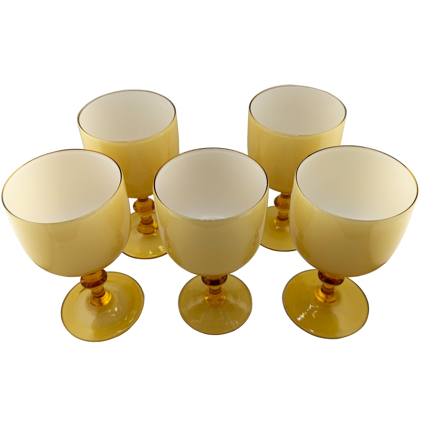 Set of Five Italian Amber and Cased Opaline Glass Wine Goblets Carlo Moretti