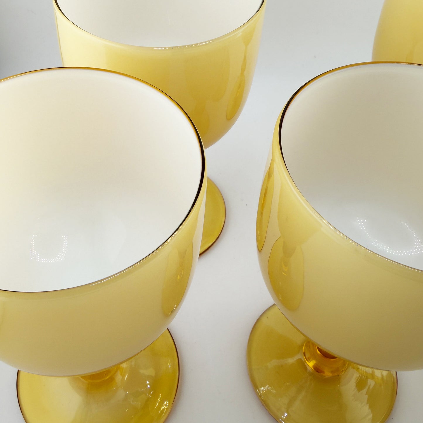 Set of Five Italian Amber and Cased Opaline Glass Wine Goblets Carlo Moretti