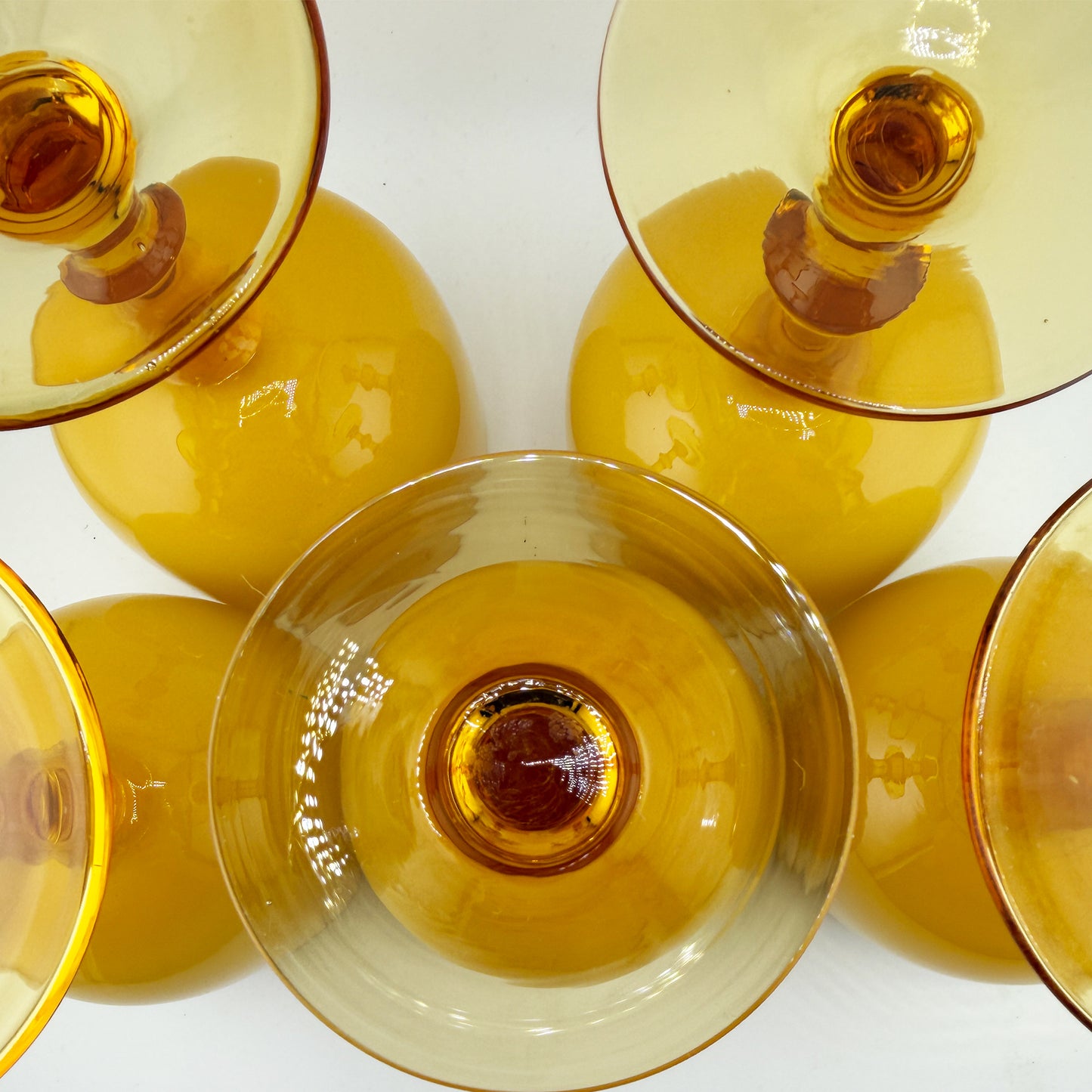 Set of Five Italian Amber and Cased Opaline Glass Wine Goblets Carlo Moretti