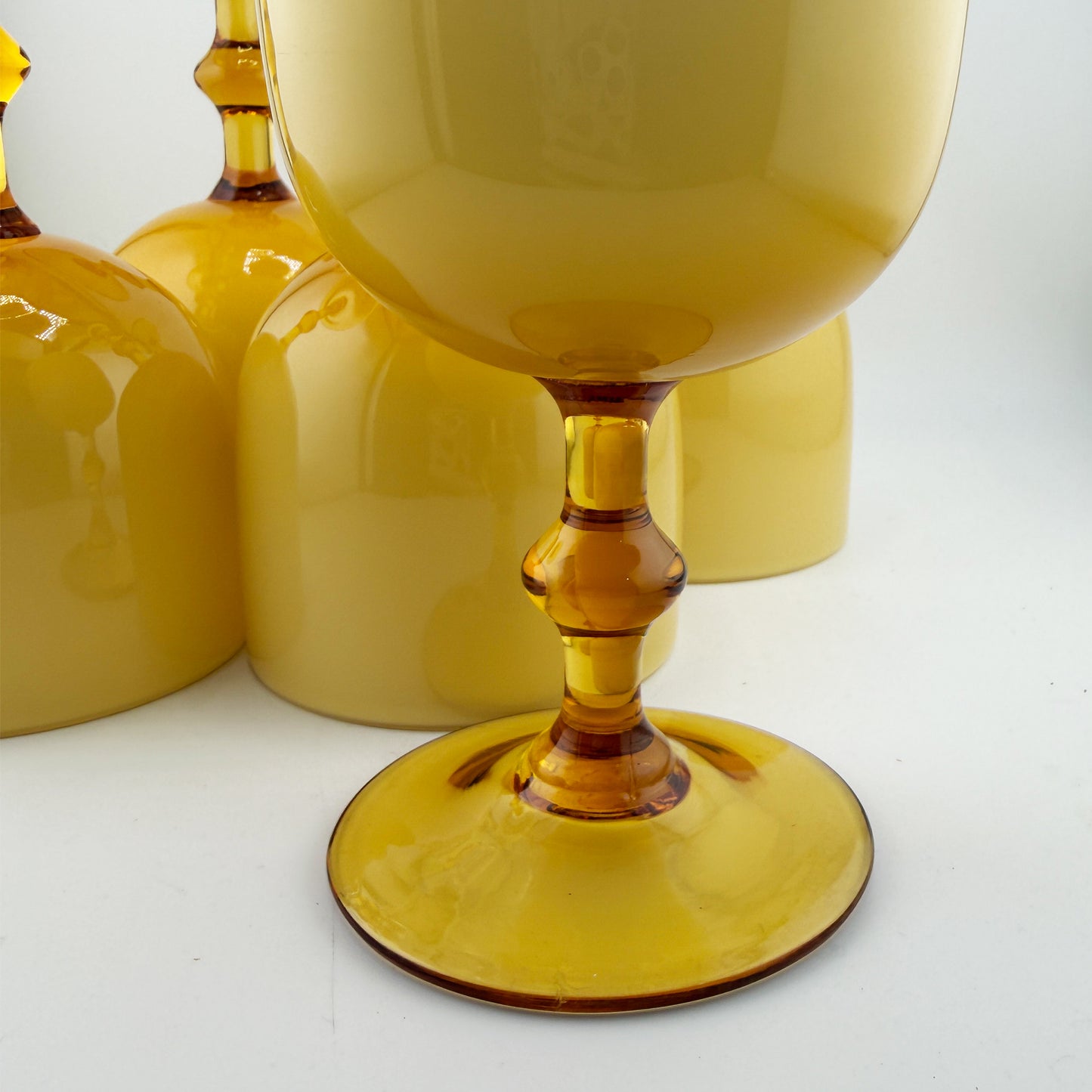 Set of Five Italian Amber and Cased Opaline Glass Wine Goblets Carlo Moretti