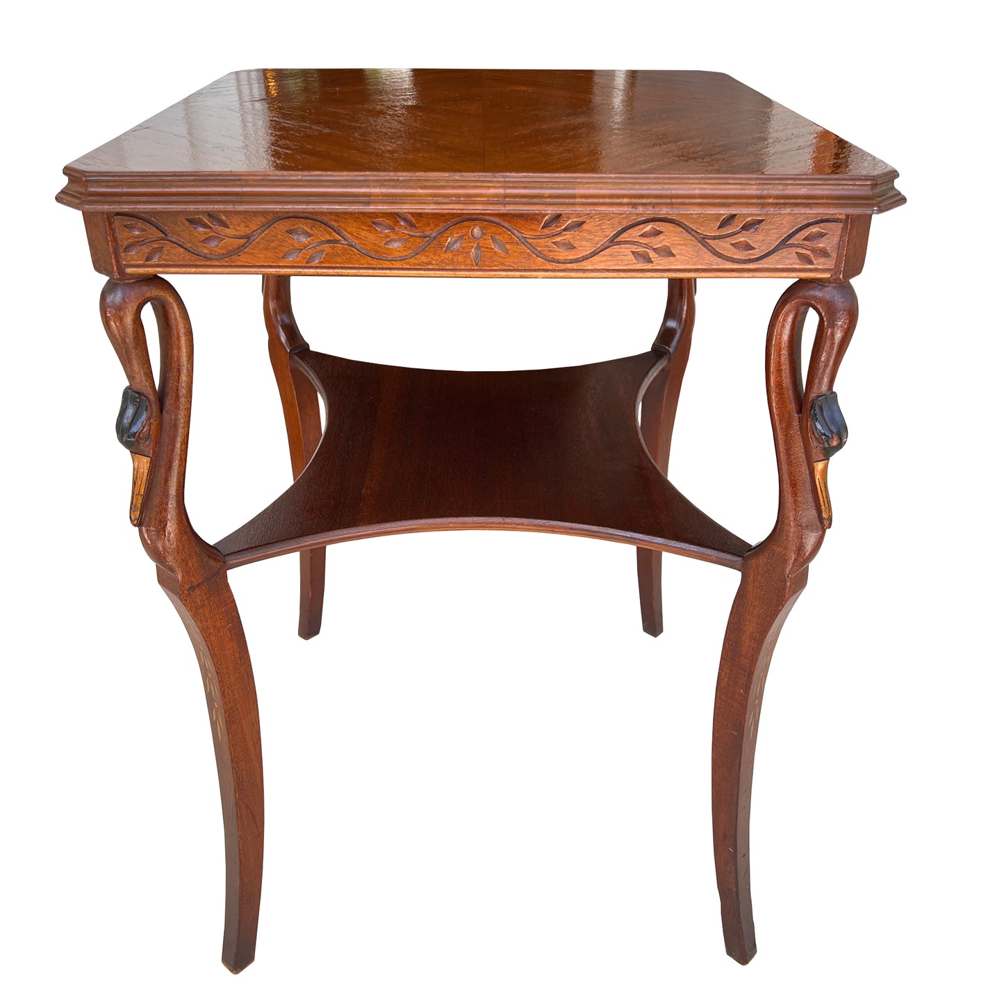 Vintage Hollywood Regency Carved Swan Side Table with Shelf