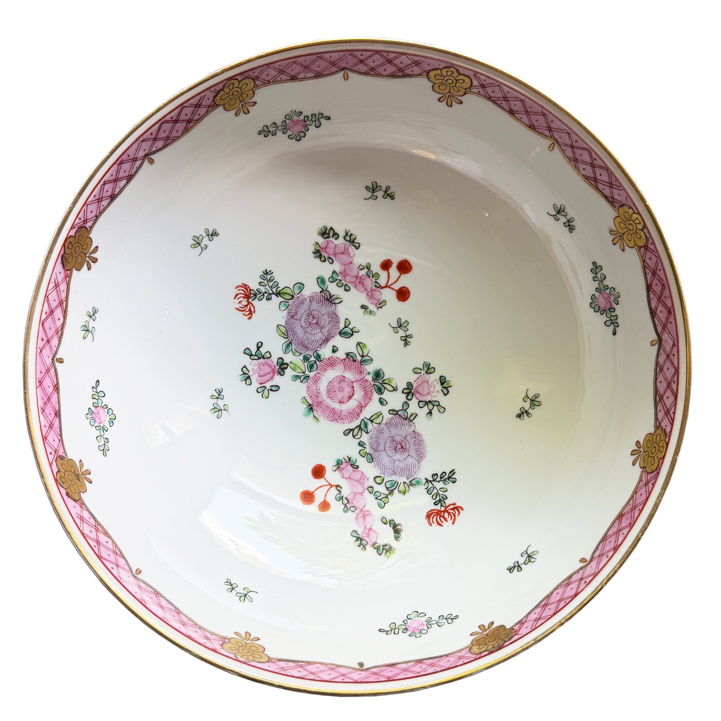 Large Vintage Chinese Famille Rose Pink Floral Hand-Painted Porcelain Bowl