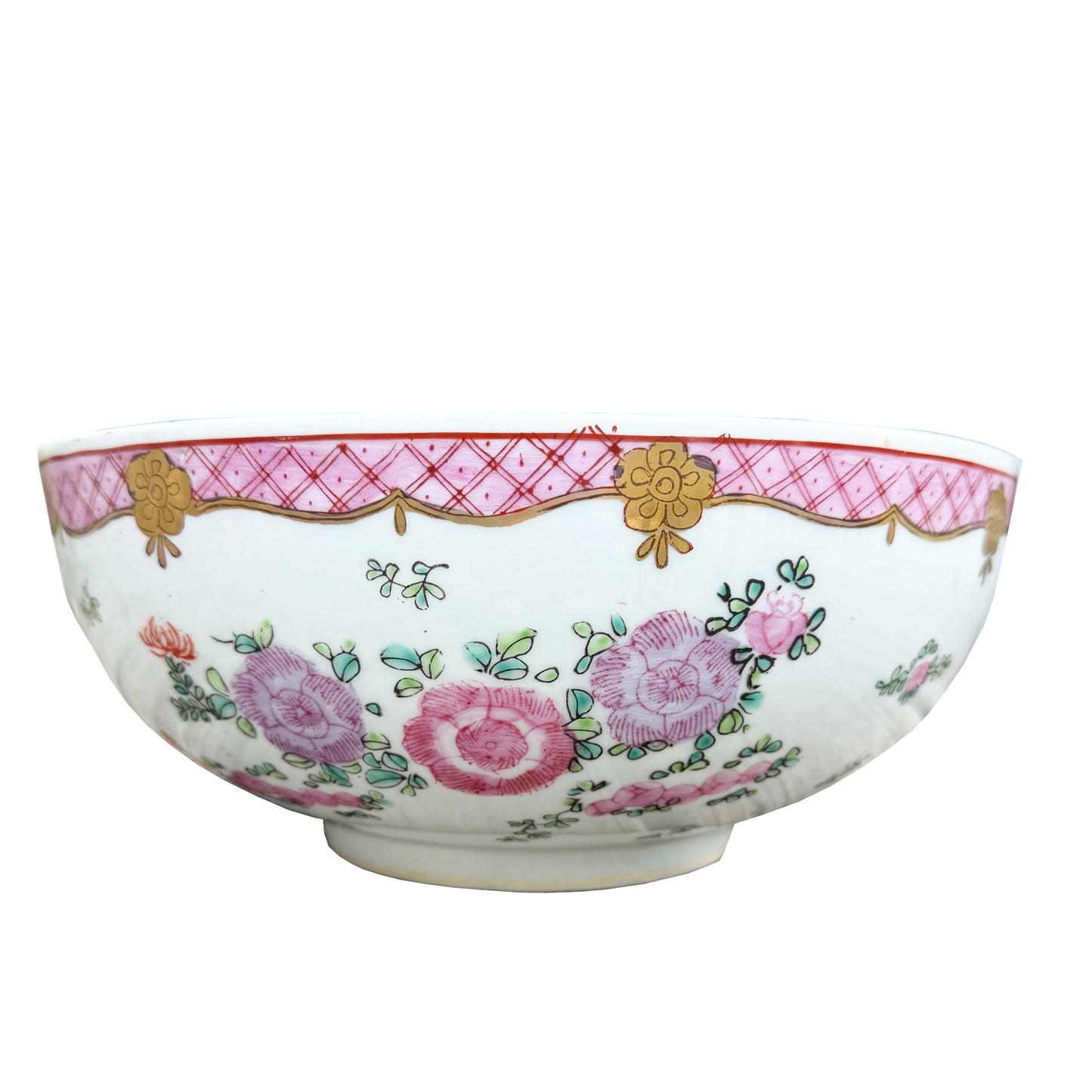 Large Vintage Chinese Famille Rose Pink Floral Hand-Painted Porcelain Bowl