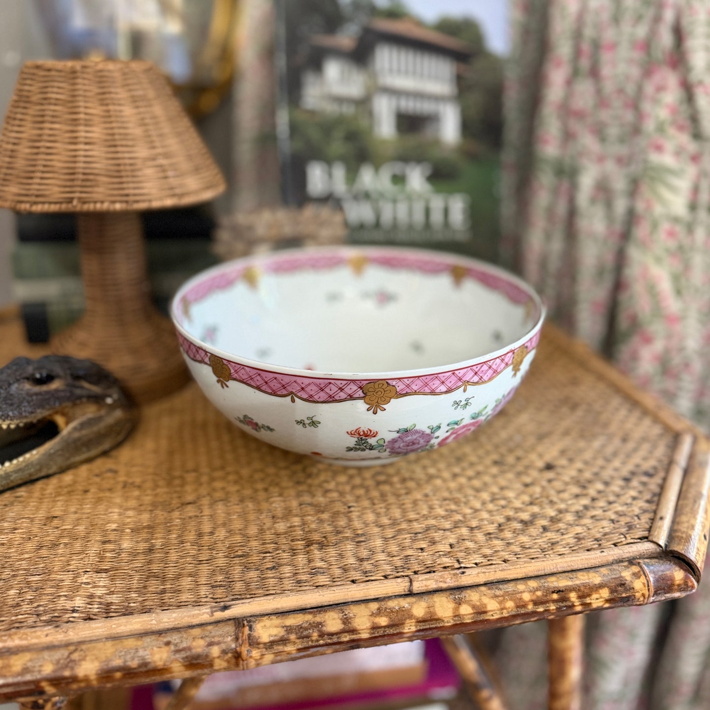 Large Vintage Chinese Famille Rose Pink Floral Hand-Painted Porcelain Bowl