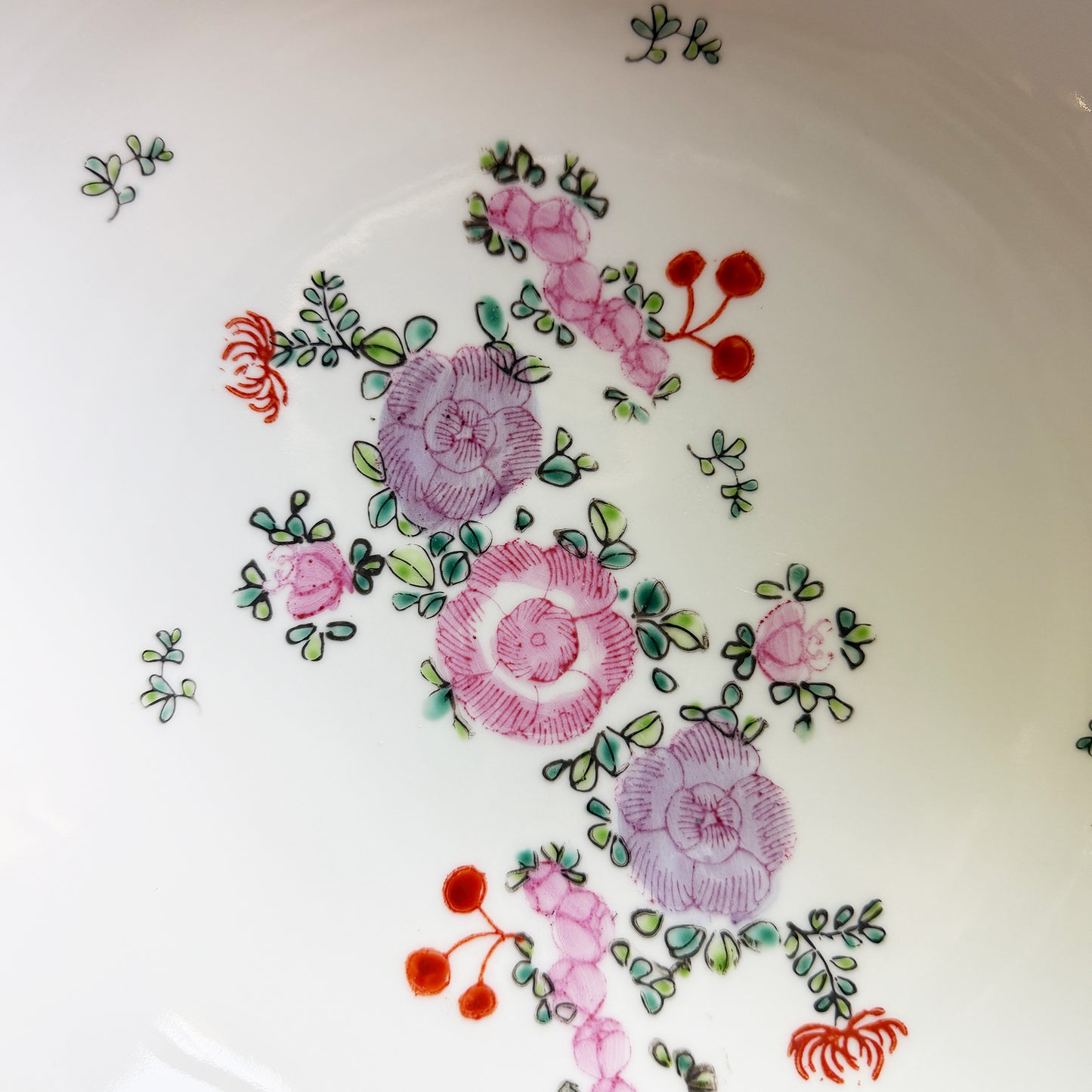 Large Vintage Chinese Famille Rose Pink Floral Hand-Painted Porcelain Bowl