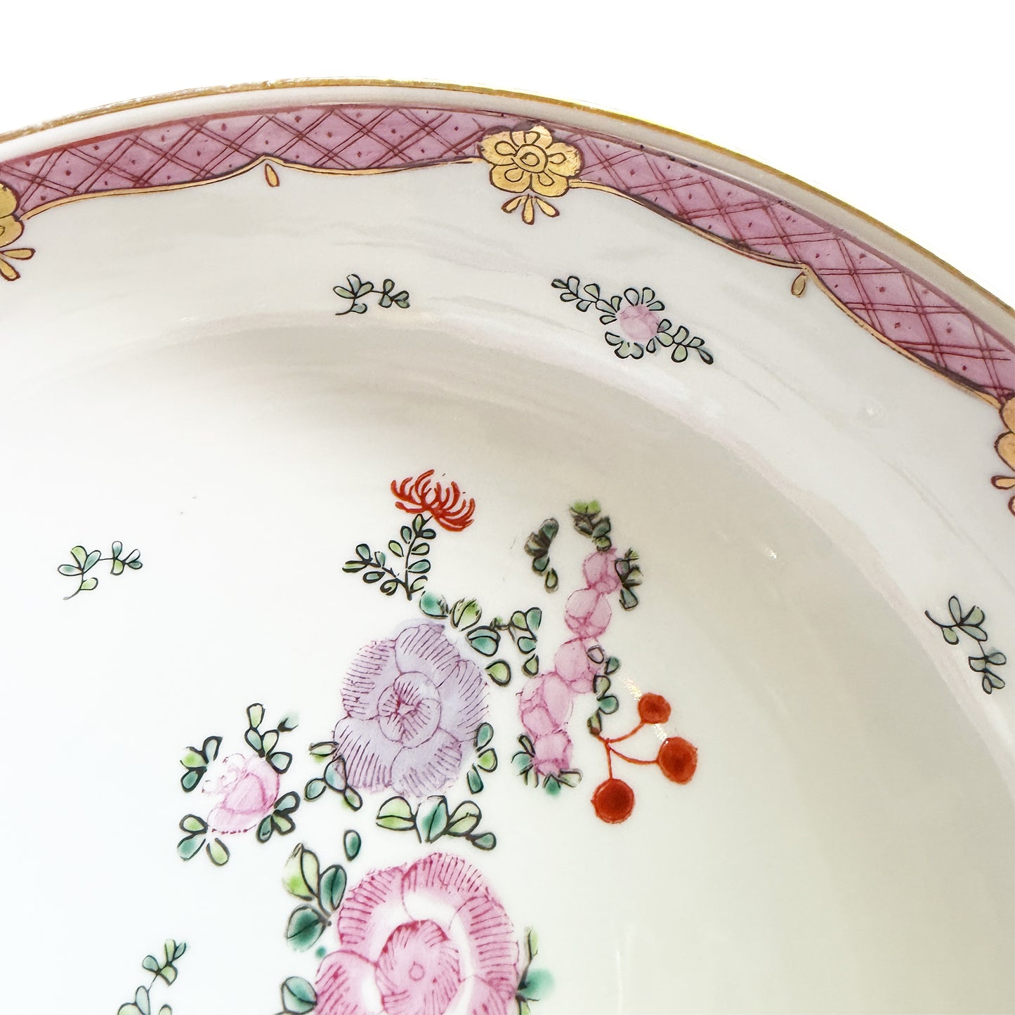 Large Vintage Chinese Famille Rose Pink Floral Hand-Painted Porcelain Bowl