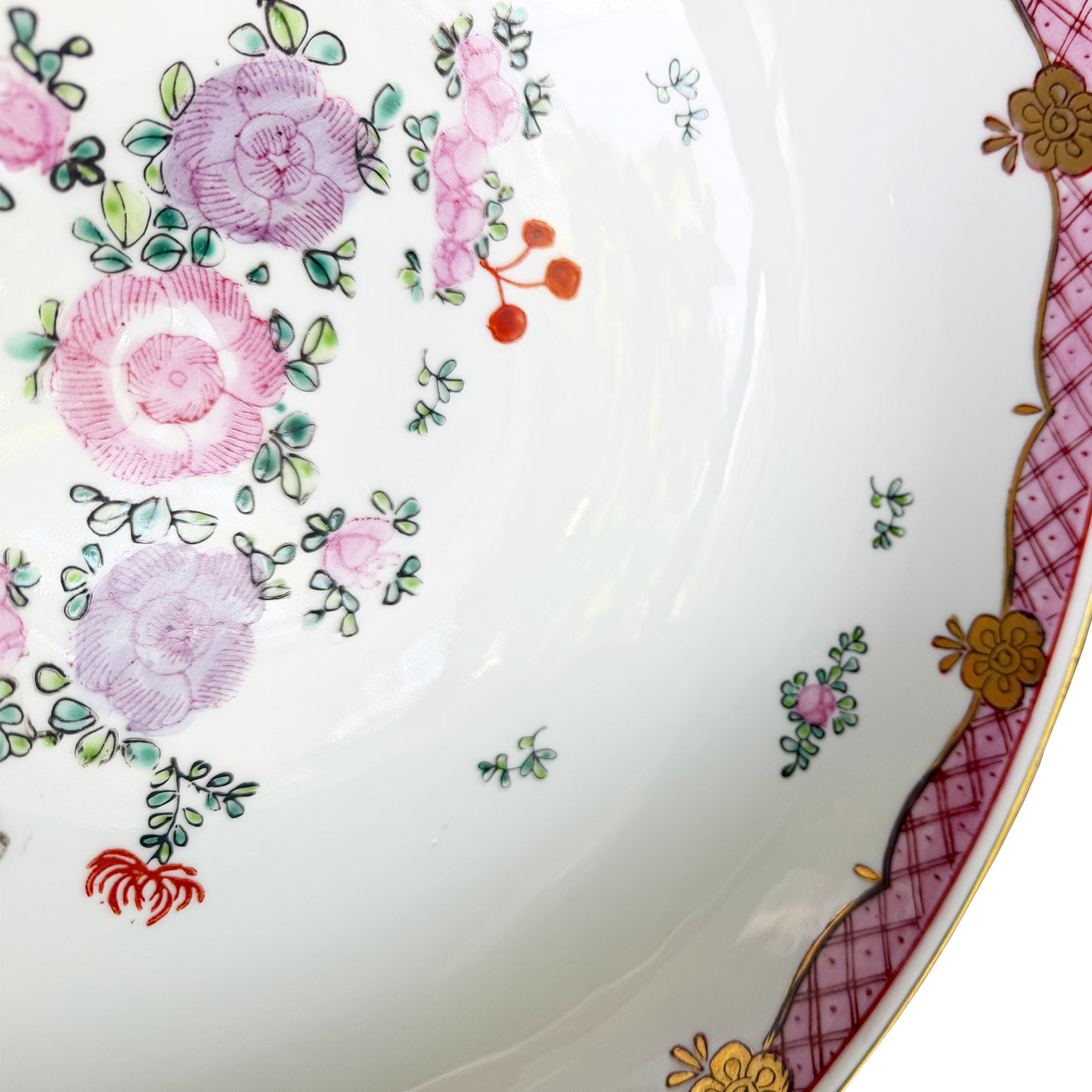 Large Vintage Chinese Famille Rose Pink Floral Hand-Painted Porcelain Bowl