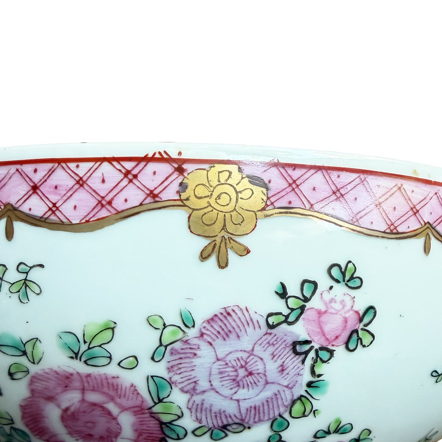 Large Vintage Chinese Famille Rose Pink Floral Hand-Painted Porcelain Bowl