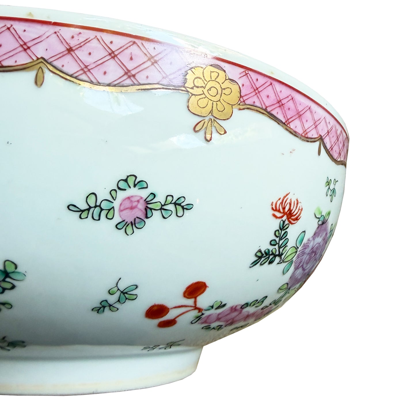 Large Vintage Chinese Famille Rose Pink Floral Hand-Painted Porcelain Bowl