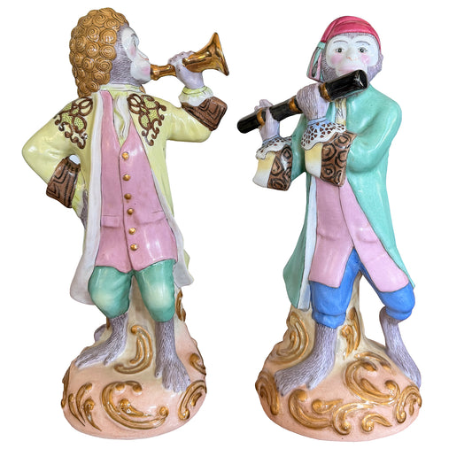 Pair of Vintage Hand-Painted Porcelain Singerie Monkey Musician Figurines