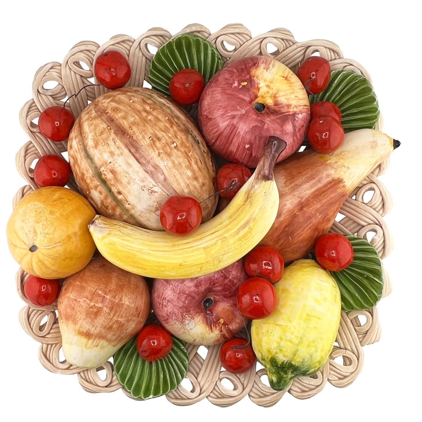Italian Ceramic Bassano Majolica Trompe L’Oeil Fruit Centerpiece Basket