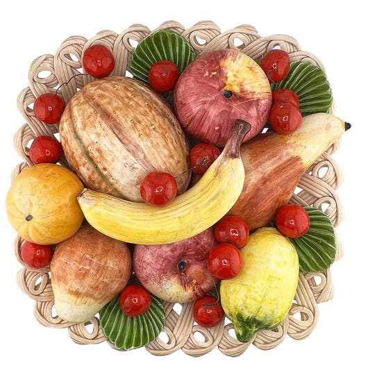 Italian Ceramic Bassano Majolica Trompe L’Oeil Fruit Centerpiece Basket