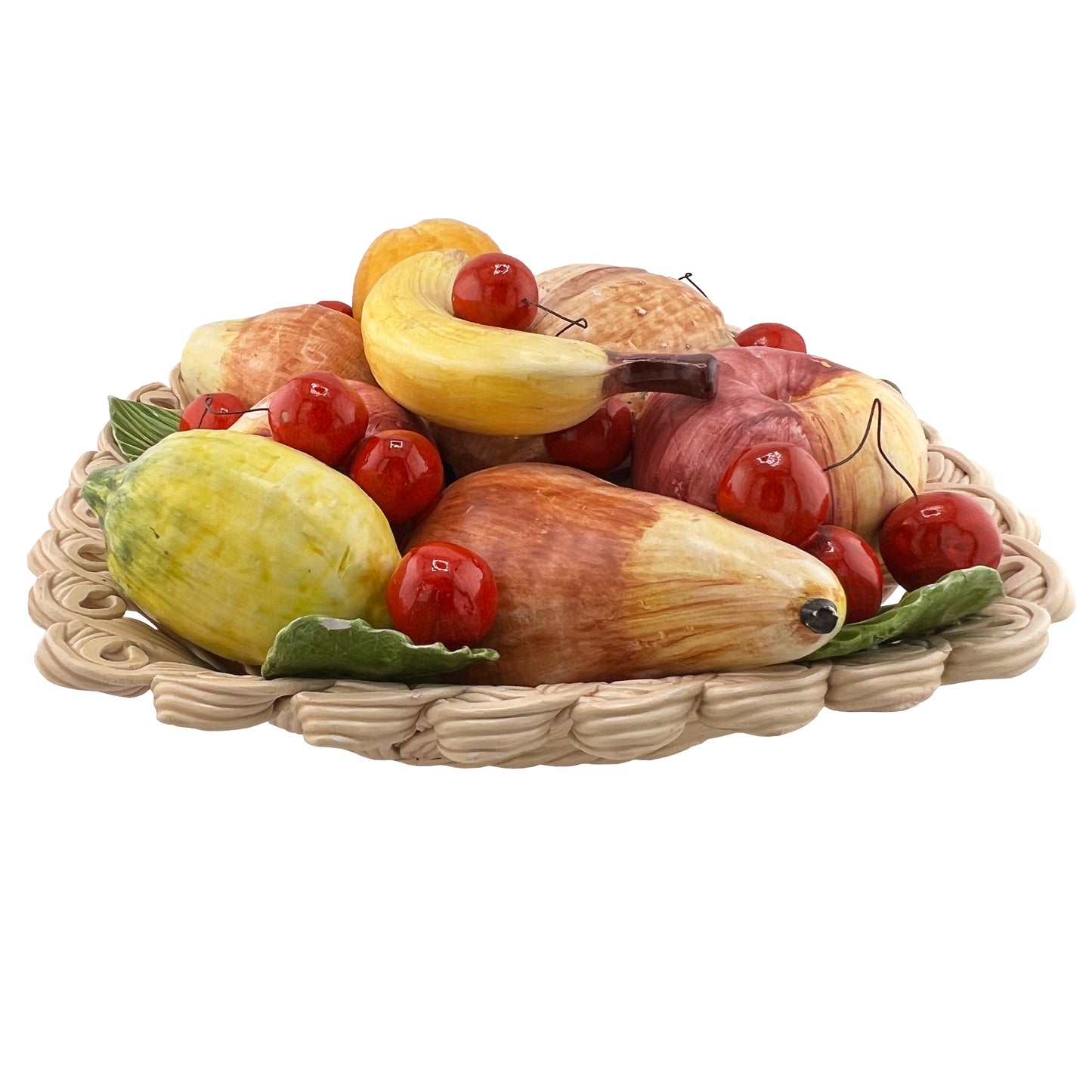 Italian Ceramic Bassano Majolica Trompe L’Oeil Fruit Centerpiece Basket