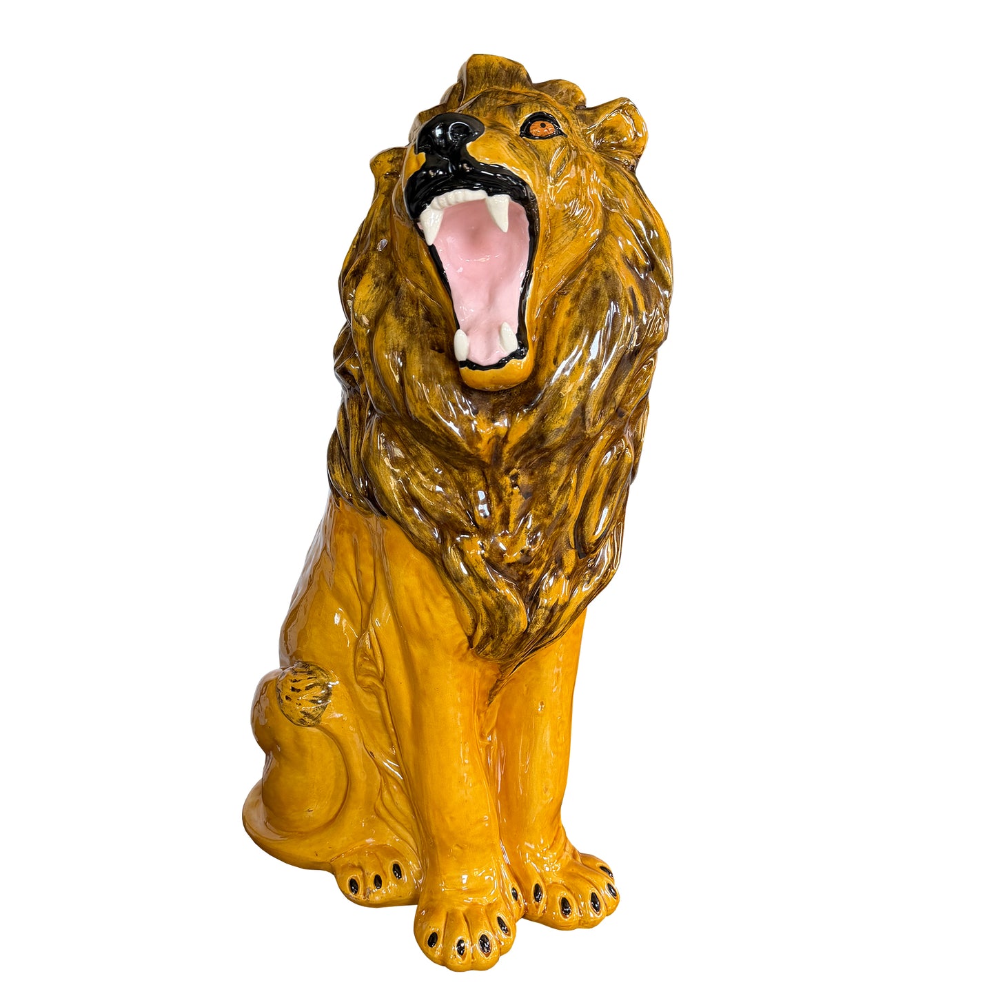 Large Italian Majolica Roaring Lion Sculpture, Hand-Painted Glazed Ceramic 1970s