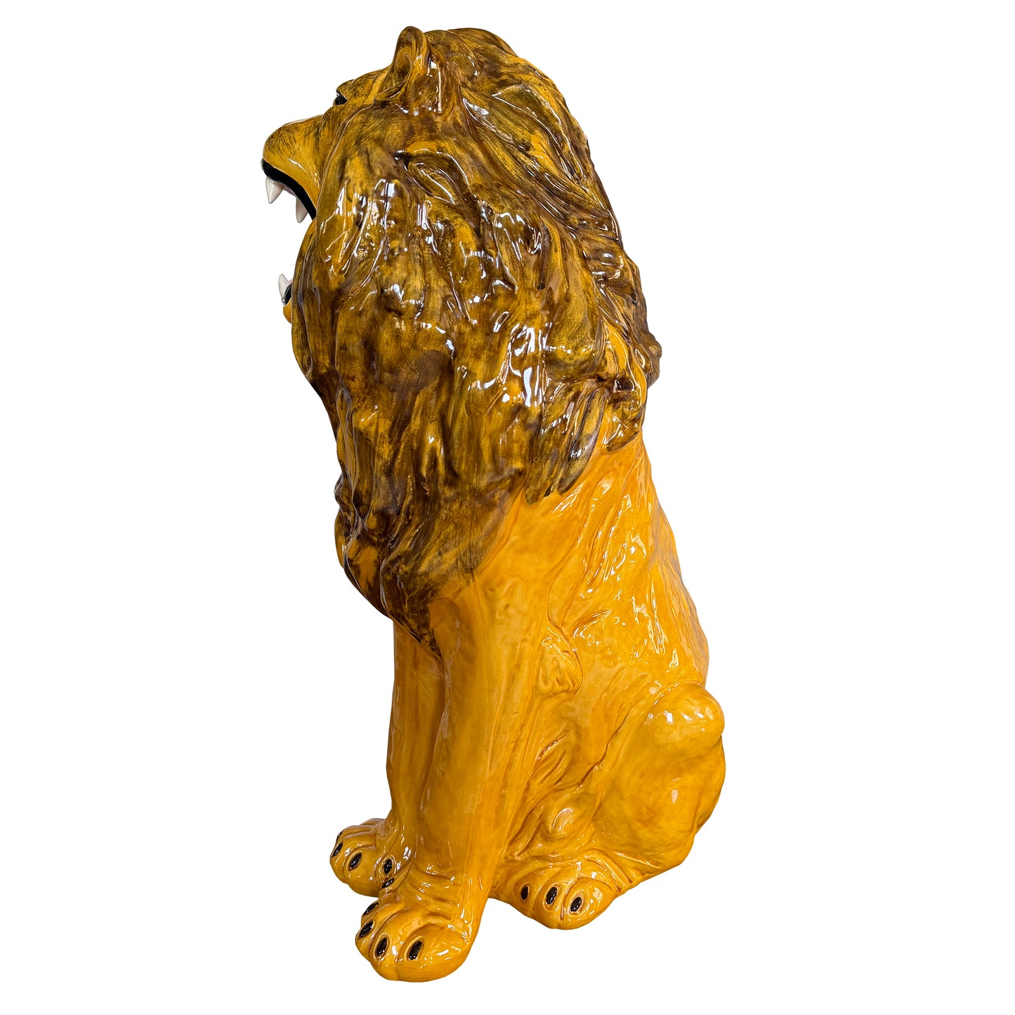 Large Italian Majolica Roaring Lion Sculpture, Hand-Painted Glazed Ceramic 1970s