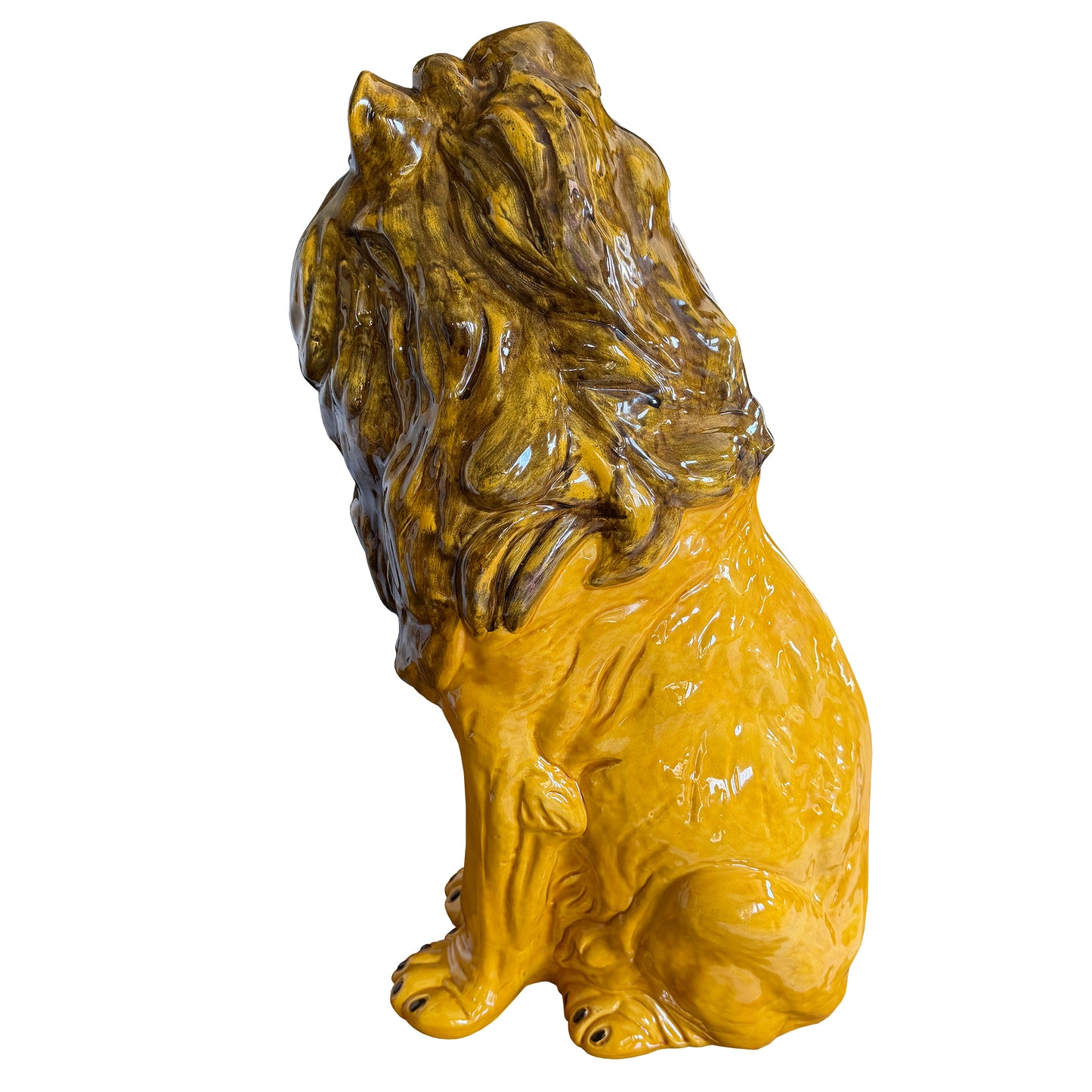 Large Italian Majolica Roaring Lion Sculpture, Hand-Painted Glazed Ceramic 1970s