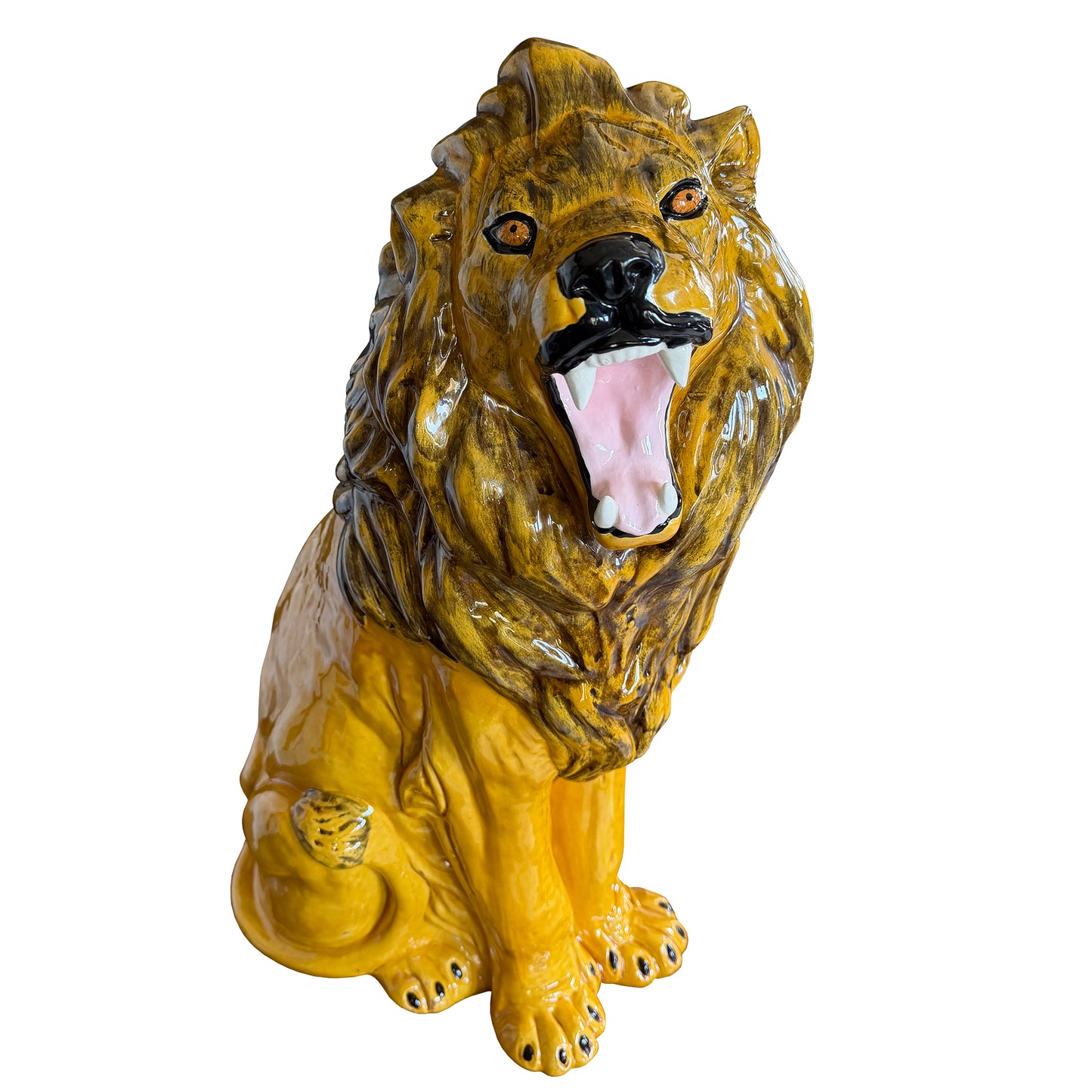 Large Italian Majolica Roaring Lion Sculpture, Hand-Painted Glazed Ceramic 1970s