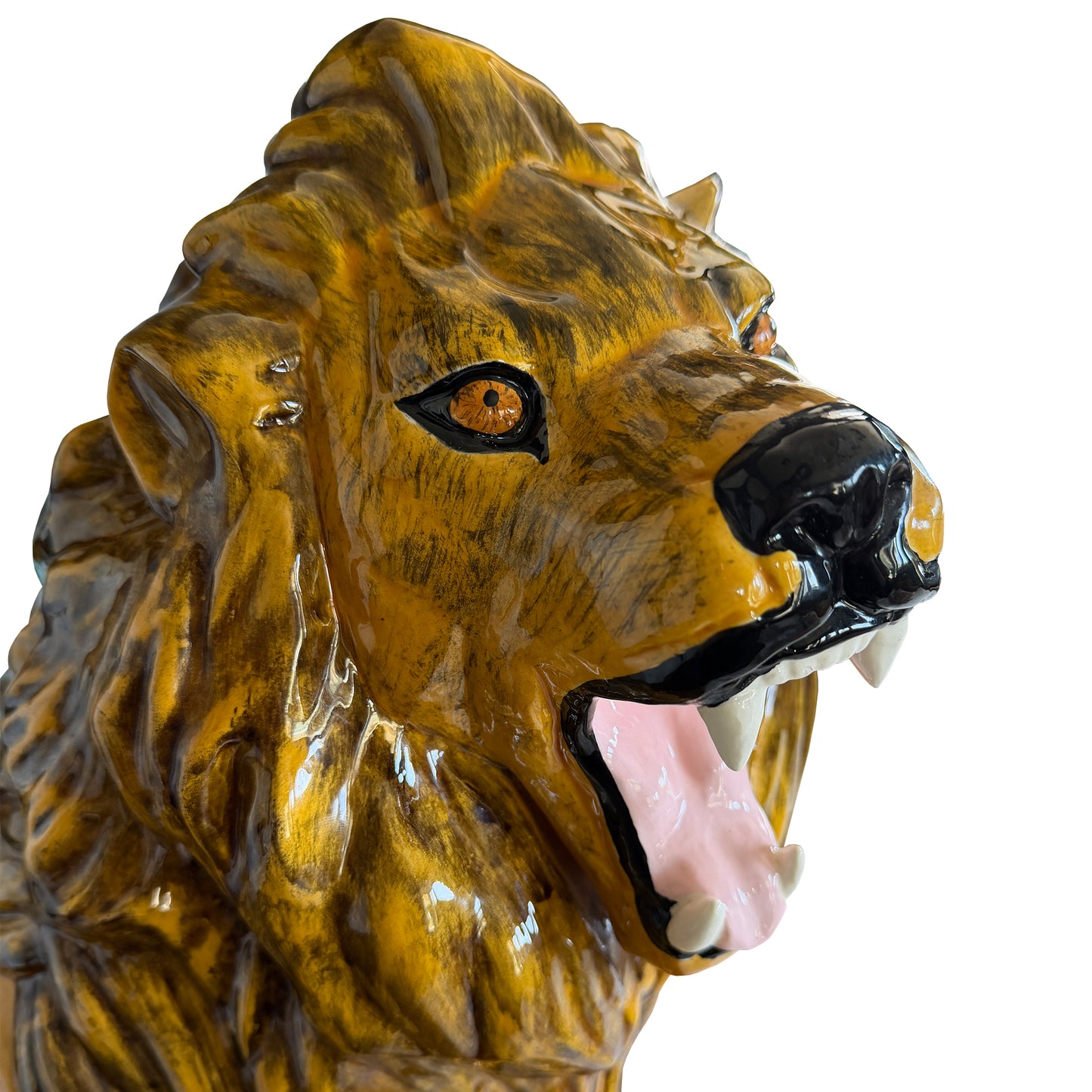 Large Italian Majolica Roaring Lion Sculpture, Hand-Painted Glazed Ceramic 1970s