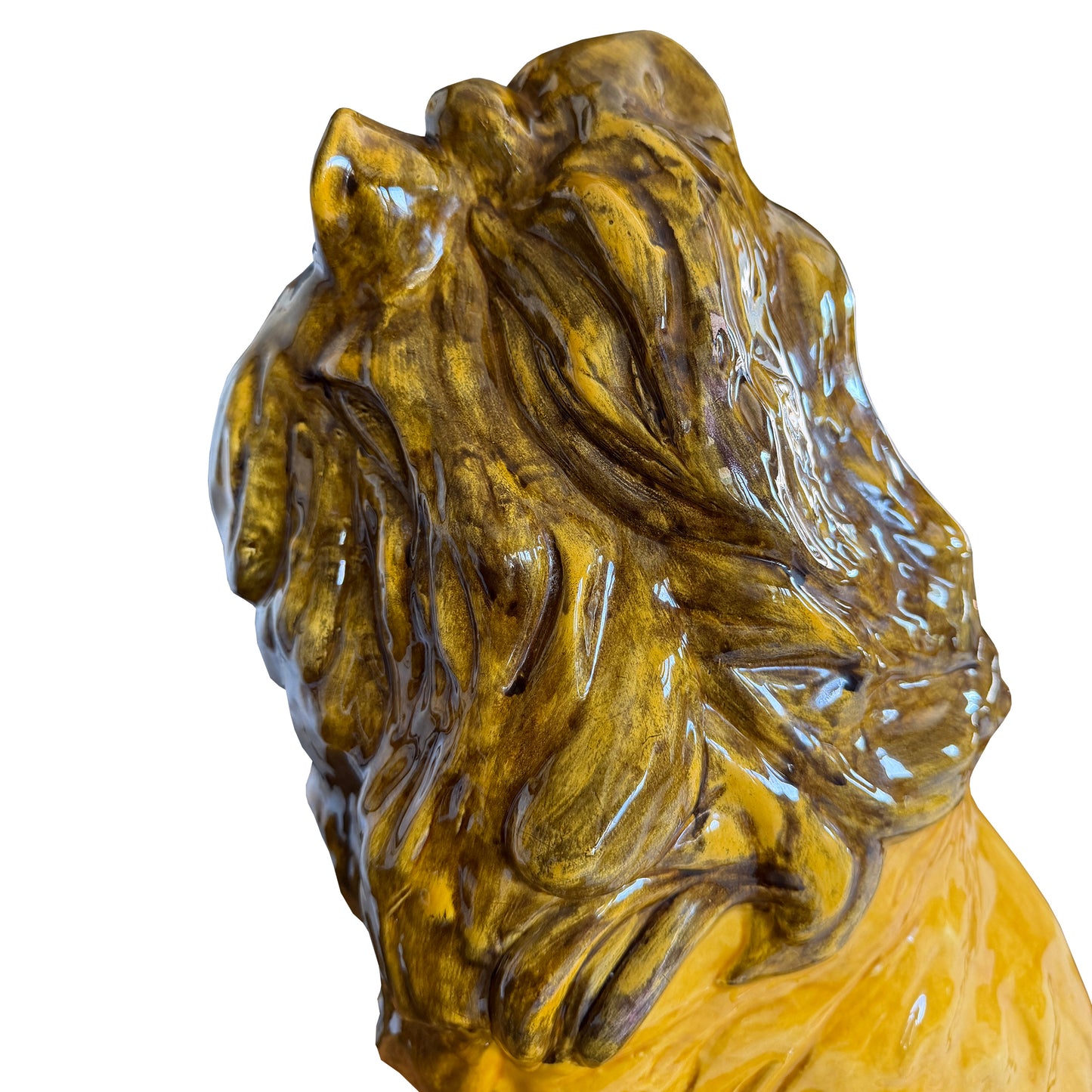 Large Italian Majolica Roaring Lion Sculpture, Hand-Painted Glazed Ceramic 1970s
