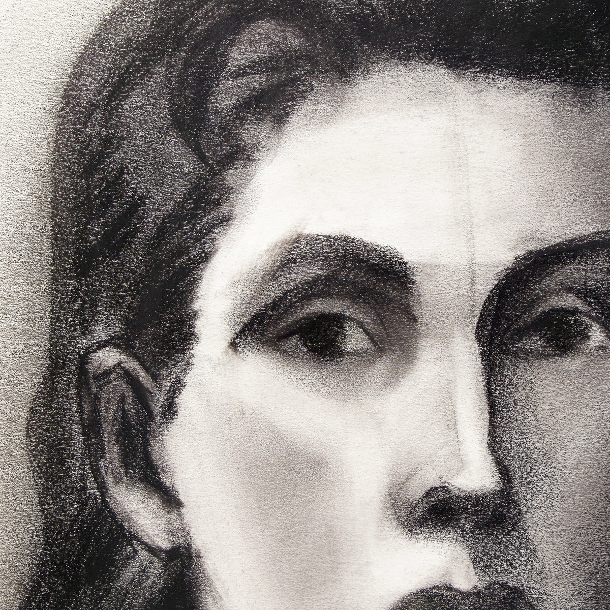 Black and White Charcoal Portrait Drawing of a Woman with Dark Hair - Signed