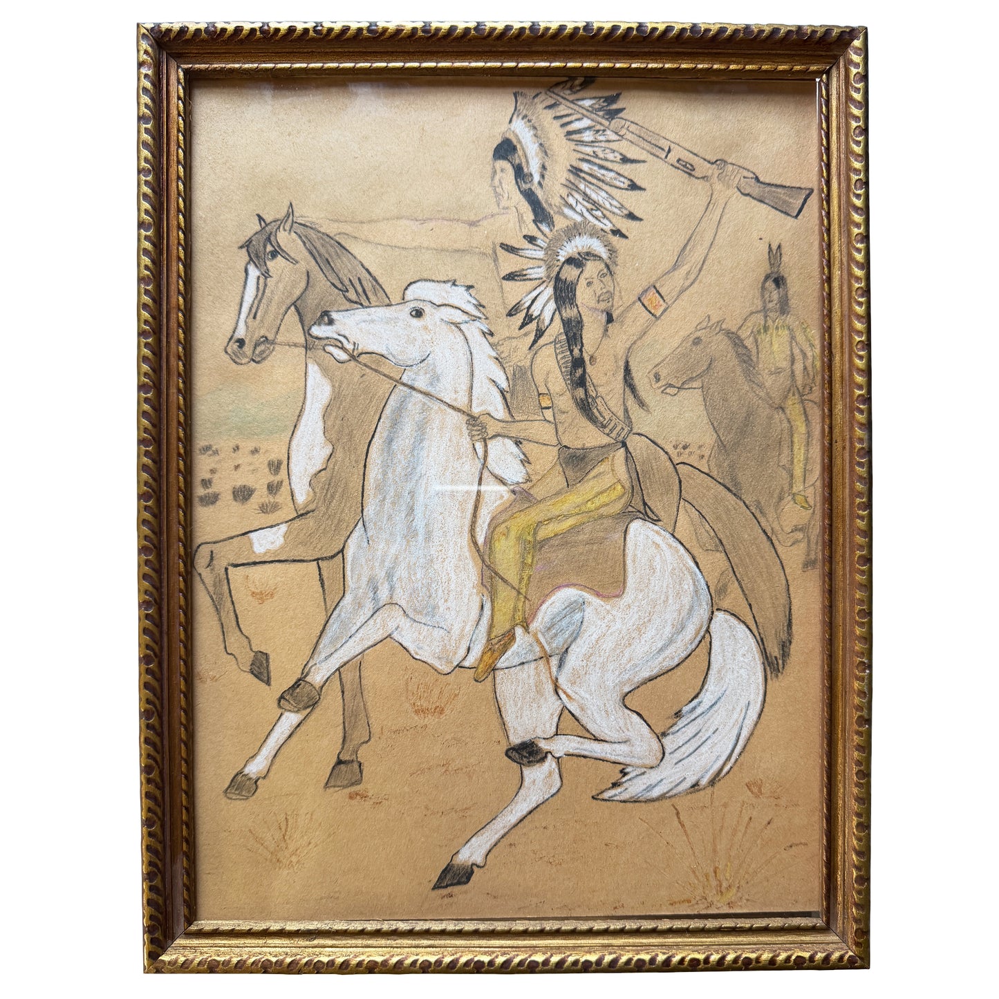 Vintage Native American Horseback Scene Colored Pencil Drawing in Gilt Frame