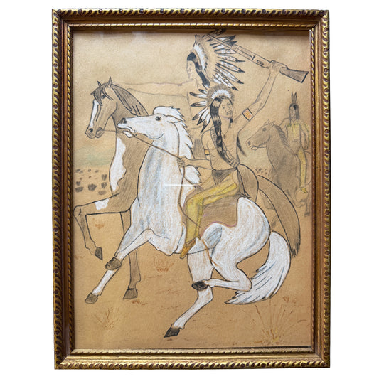 Vintage Native American Horseback Scene Colored Pencil Drawing in Gilt Frame