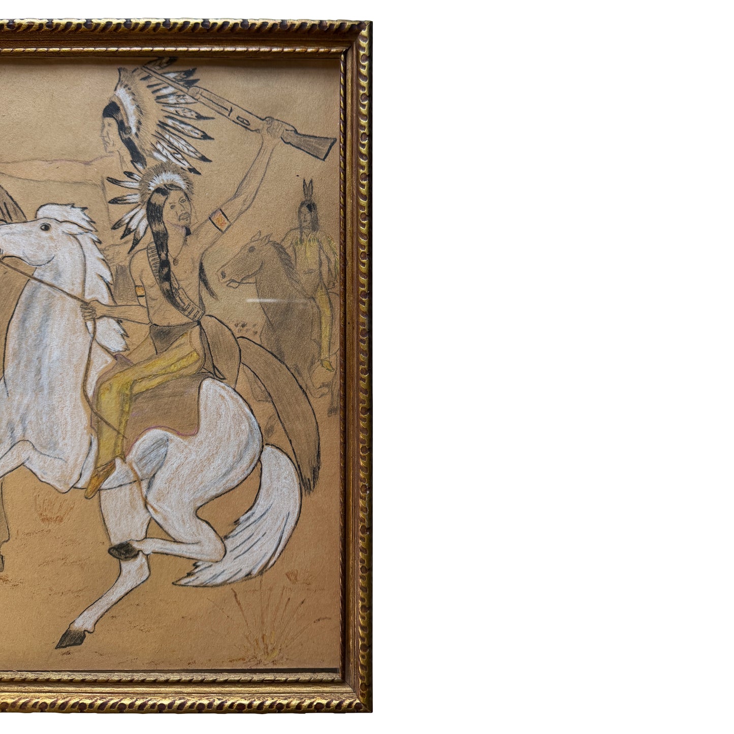 Vintage Native American Horseback Scene Colored Pencil Drawing in Gilt Frame