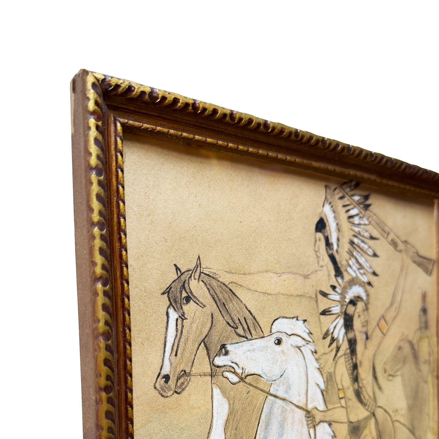 Vintage Native American Horseback Scene Colored Pencil Drawing in Gilt Frame