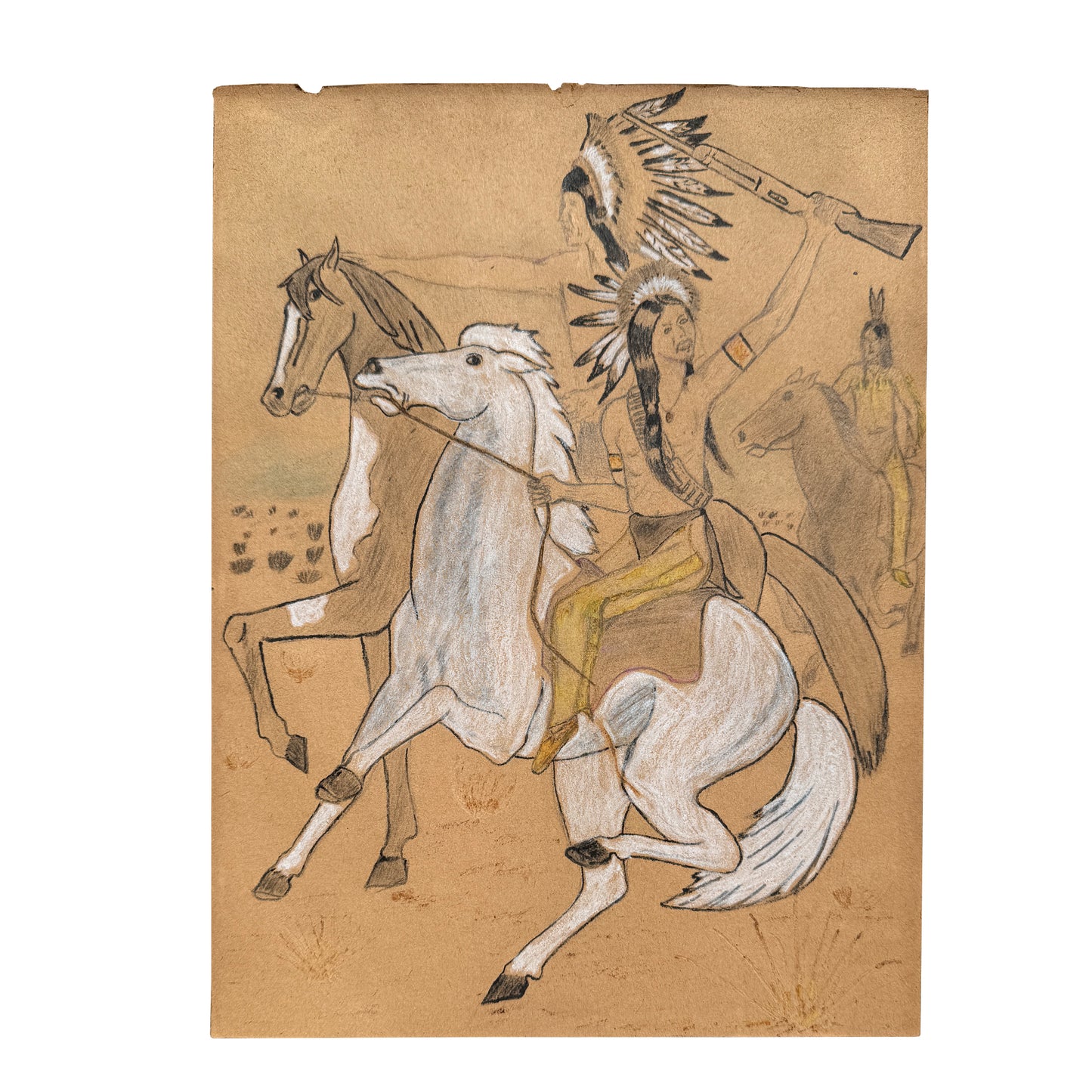 Vintage Native American Horseback Scene Colored Pencil Drawing in Gilt Frame