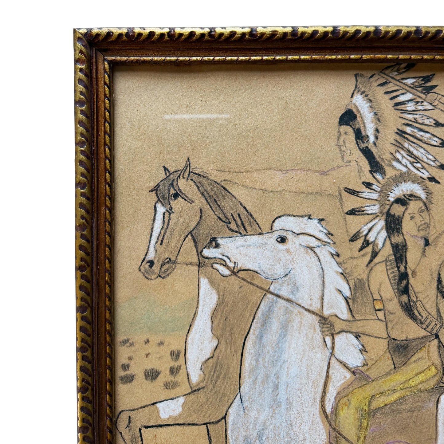 Vintage Native American Horseback Scene Colored Pencil Drawing in Gilt Frame