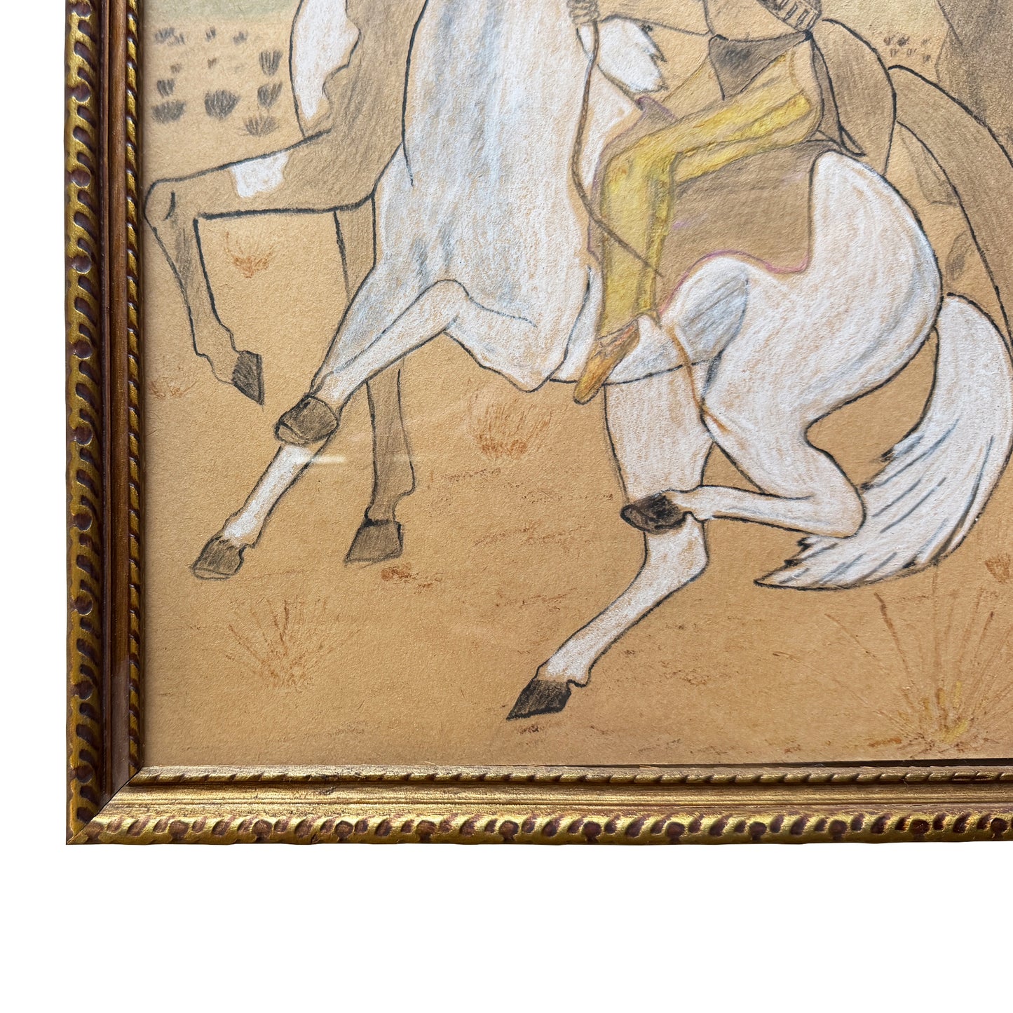 Vintage Native American Horseback Scene Colored Pencil Drawing in Gilt Frame