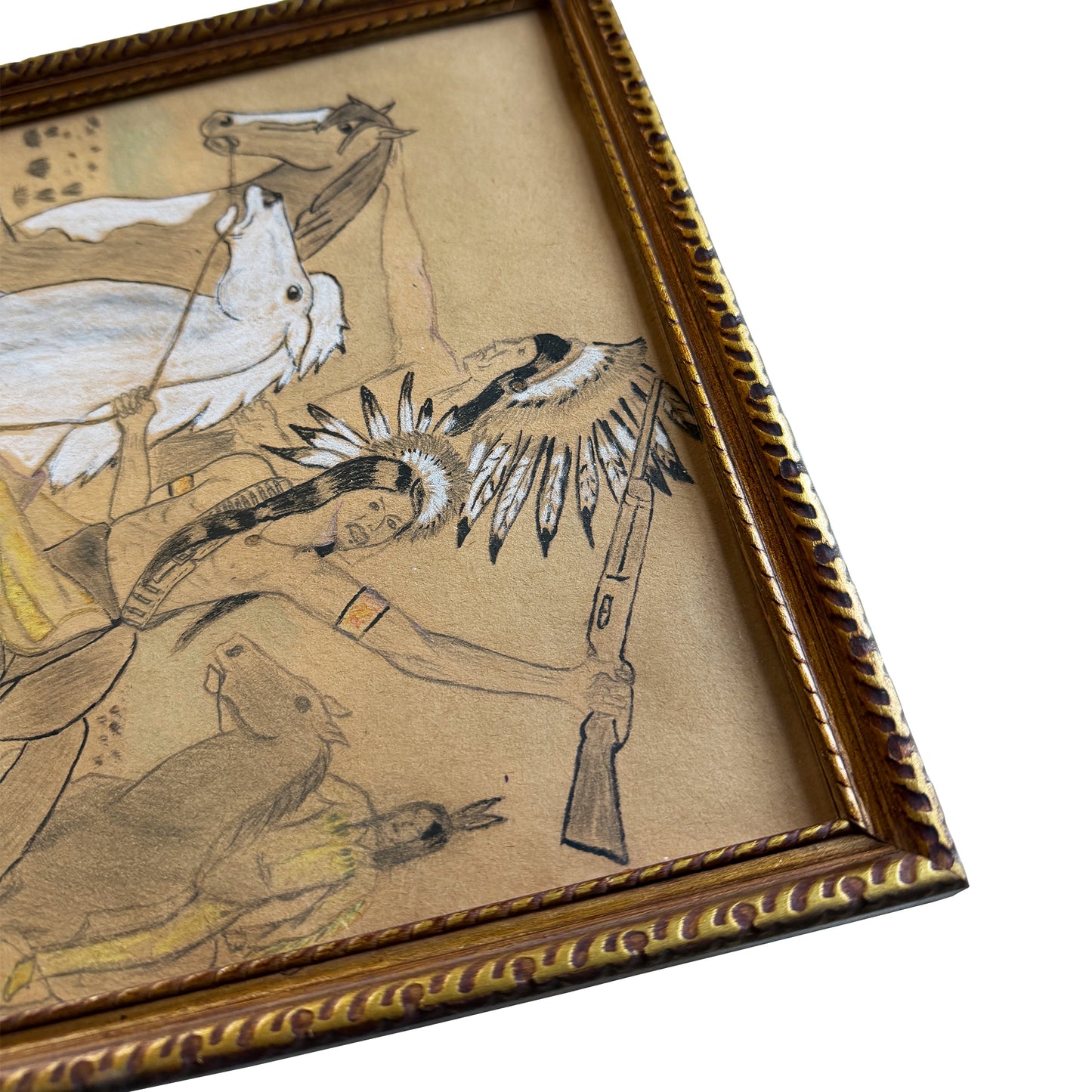 Vintage Native American Horseback Scene Colored Pencil Drawing in Gilt Frame