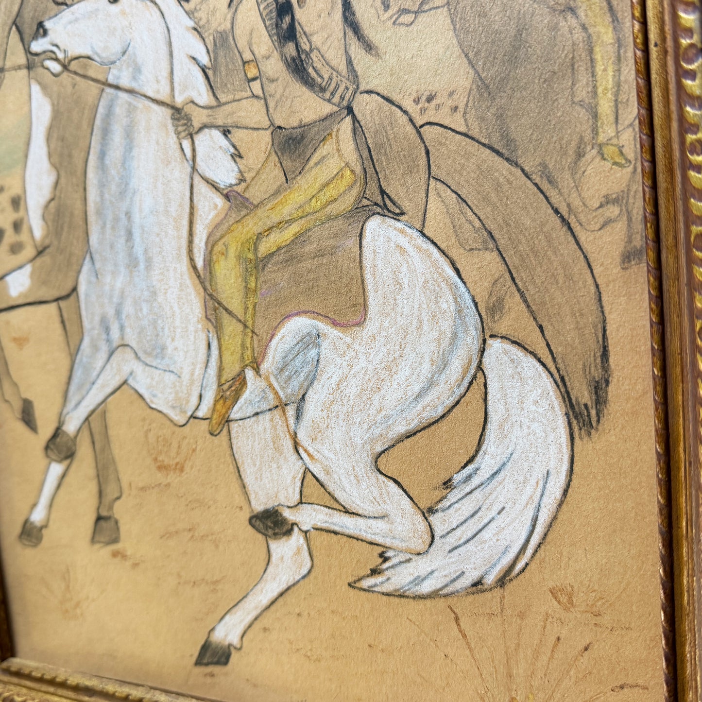 Vintage Native American Horseback Scene Colored Pencil Drawing in Gilt Frame