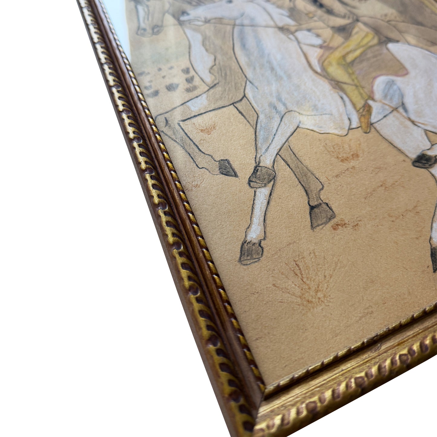 Vintage Native American Horseback Scene Colored Pencil Drawing in Gilt Frame