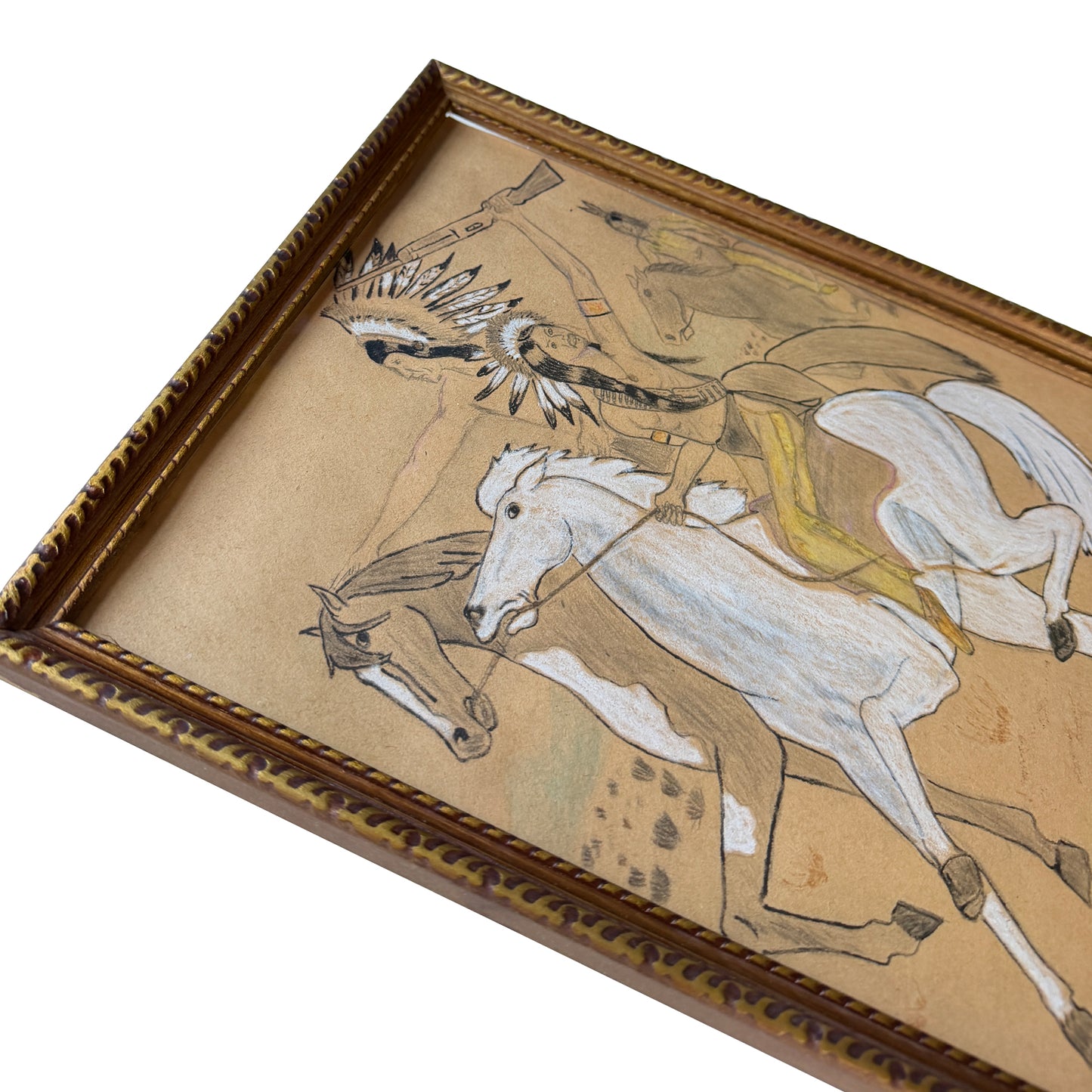 Vintage Native American Horseback Scene Colored Pencil Drawing in Gilt Frame