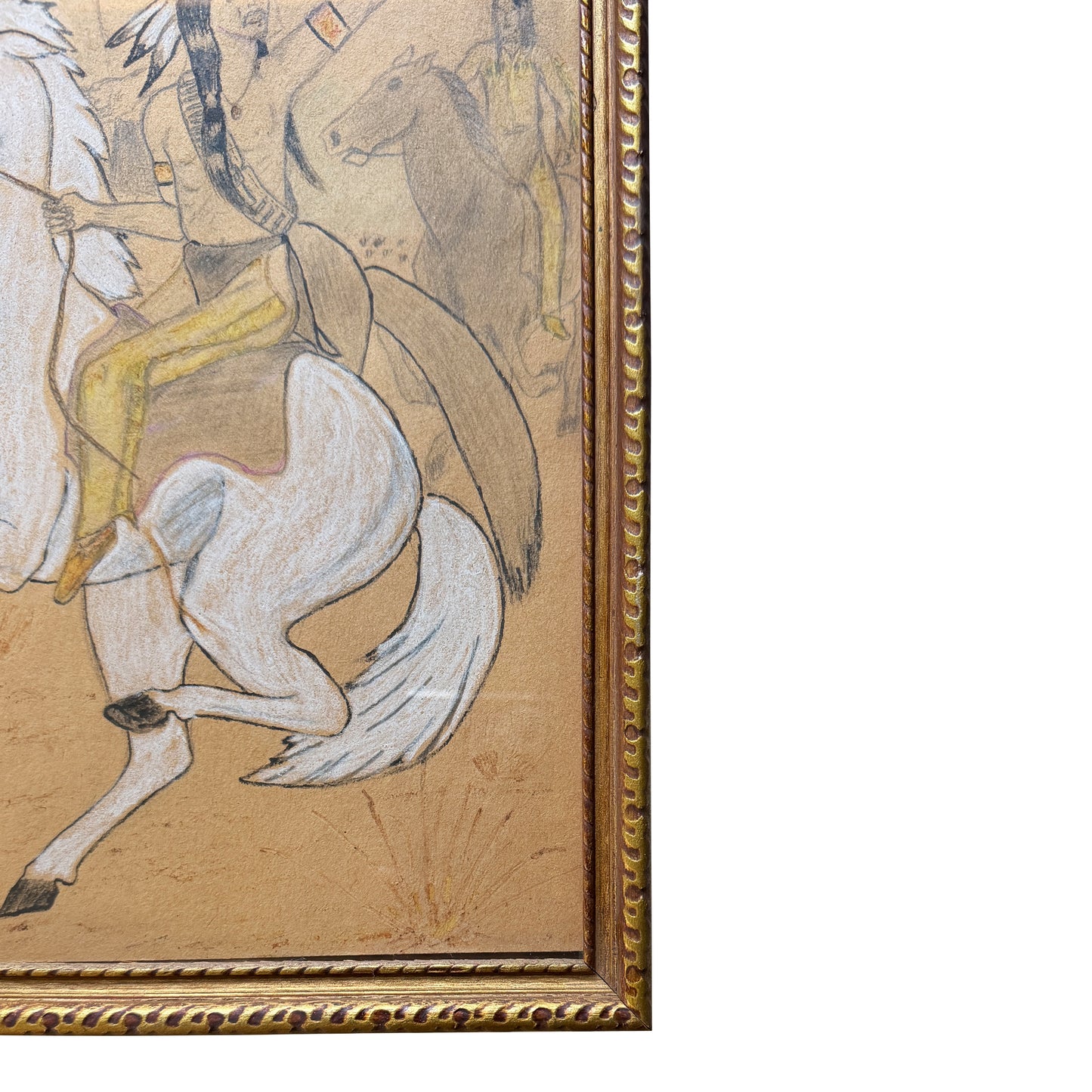 Vintage Native American Horseback Scene Colored Pencil Drawing in Gilt Frame