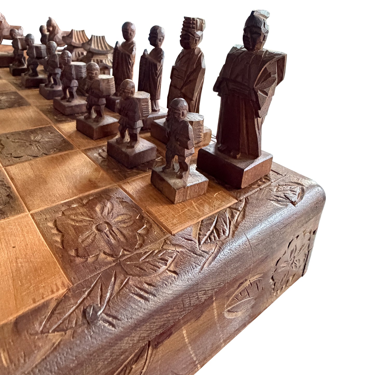 Vintage Chinese Hand-Carved Wood Figural Chess Set with Folding Game Board