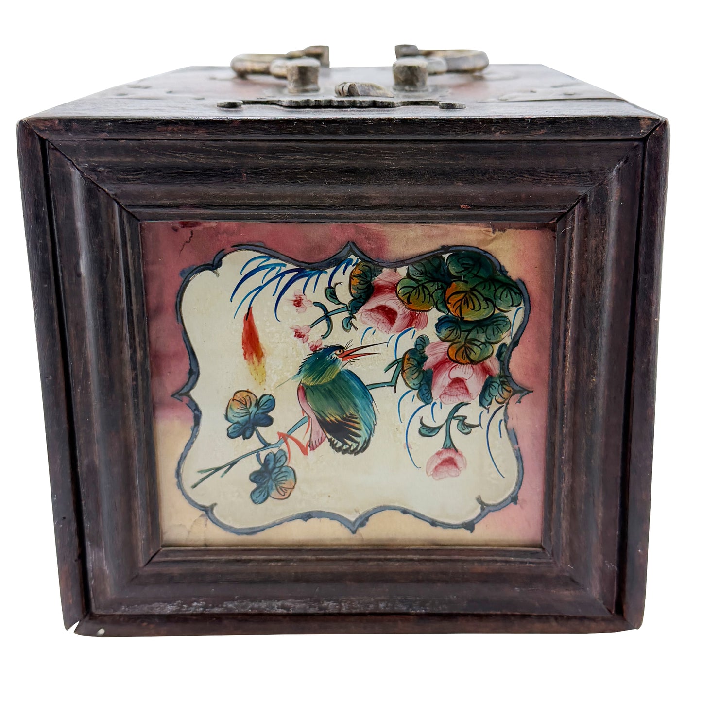 Antique Chinese Painted Wood Jewelry Box with Mirror and Brass Fittings