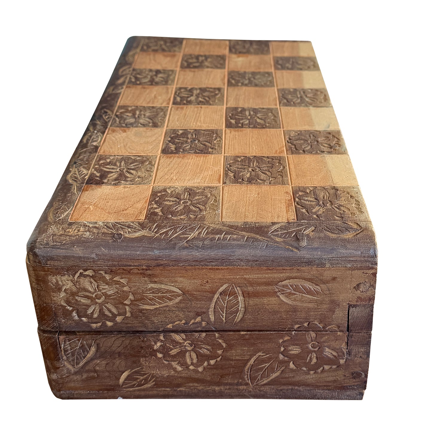 Vintage Chinese Hand-Carved Wood Figural Chess Set with Folding Game Board
