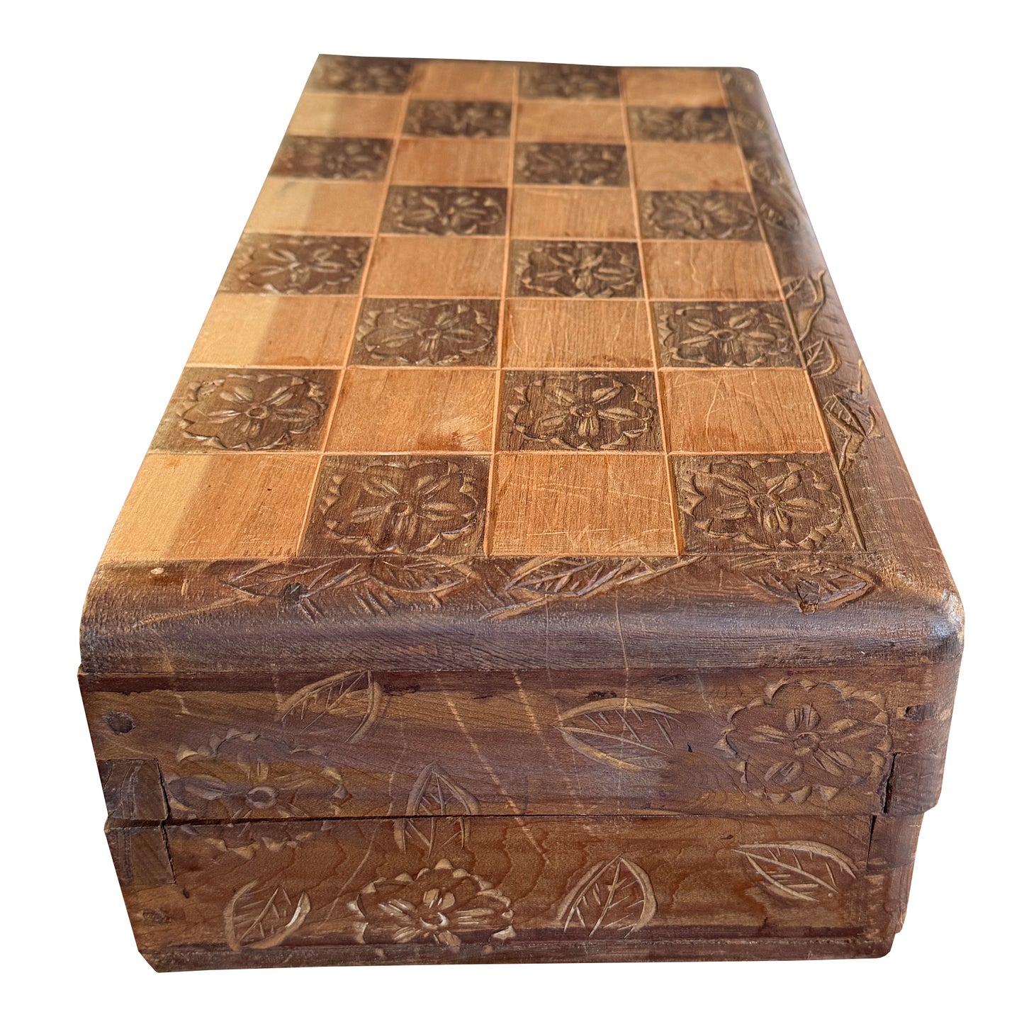 Vintage Chinese Hand-Carved Wood Figural Chess Set with Folding Game Board