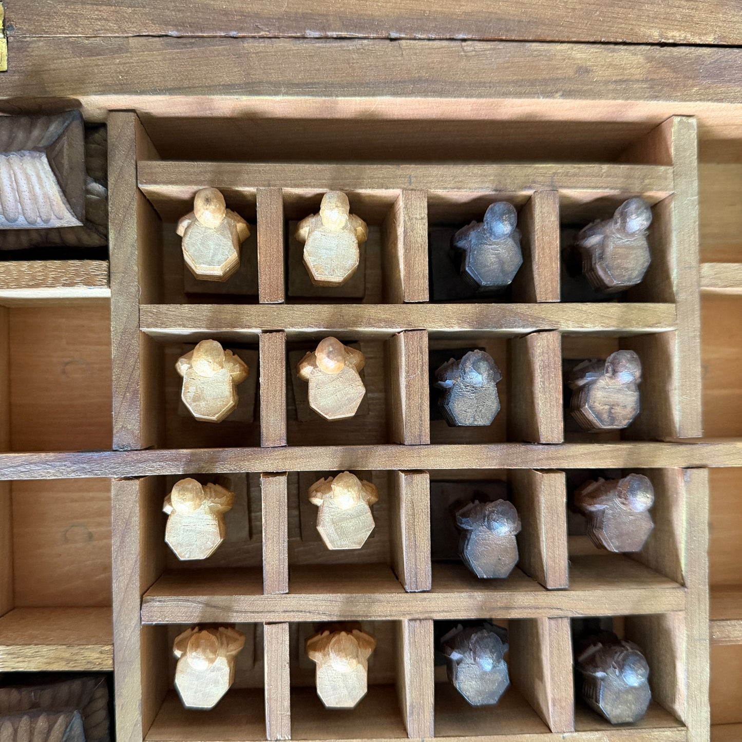 Vintage Chinese Hand-Carved Wood Figural Chess Set with Folding Game Board
