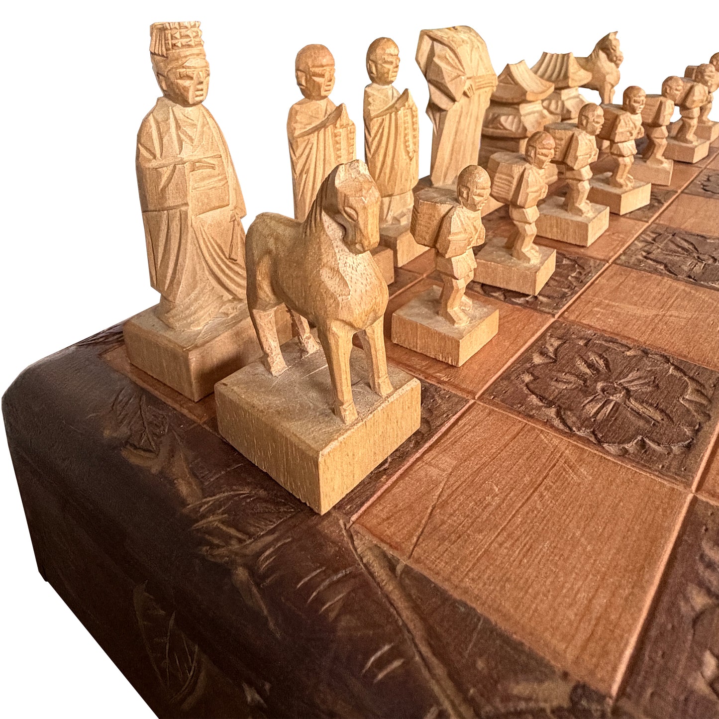 Vintage Chinese Hand-Carved Wood Figural Chess Set with Folding Game Board