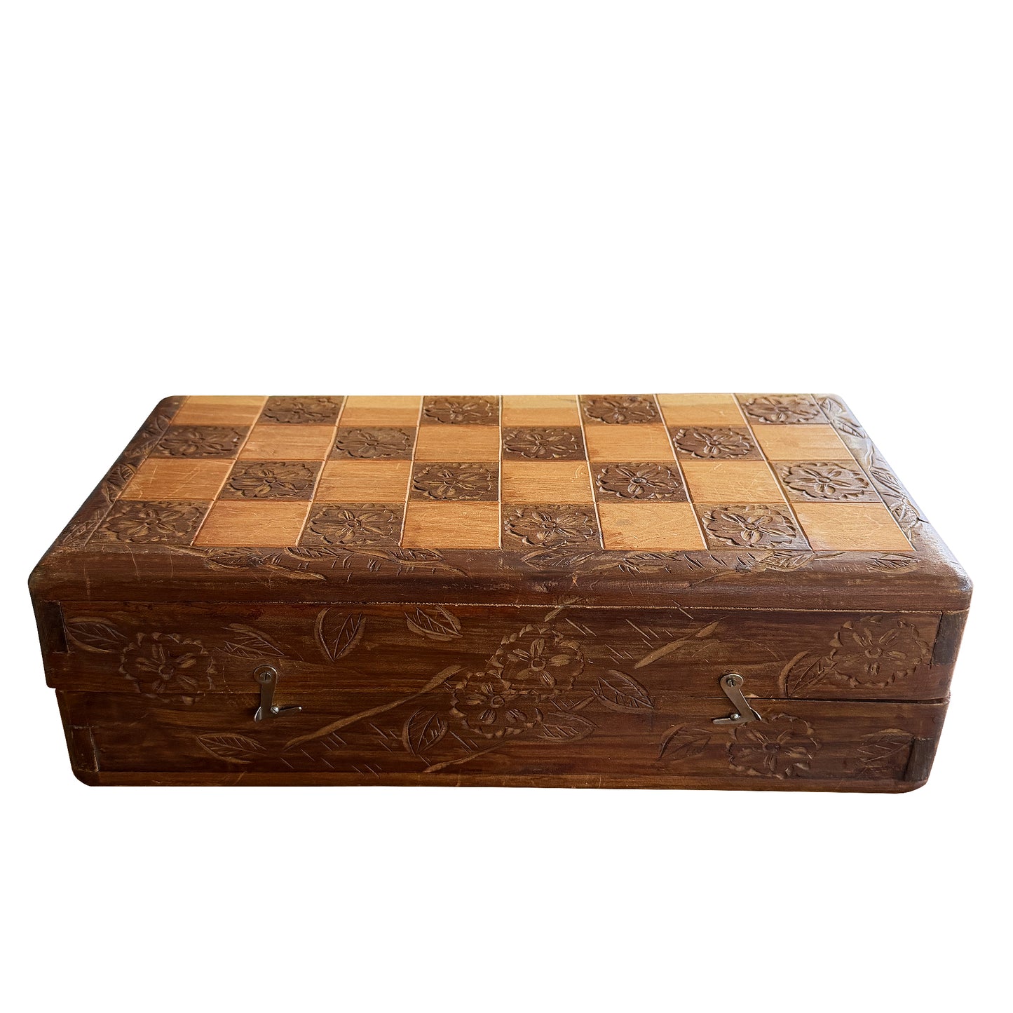 Vintage Chinese Hand-Carved Wood Figural Chess Set with Folding Game Board
