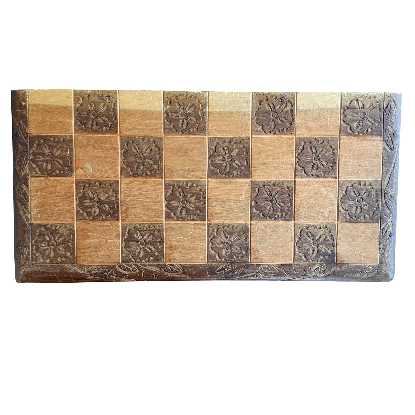 Vintage Chinese Hand-Carved Wood Figural Chess Set with Folding Game Board