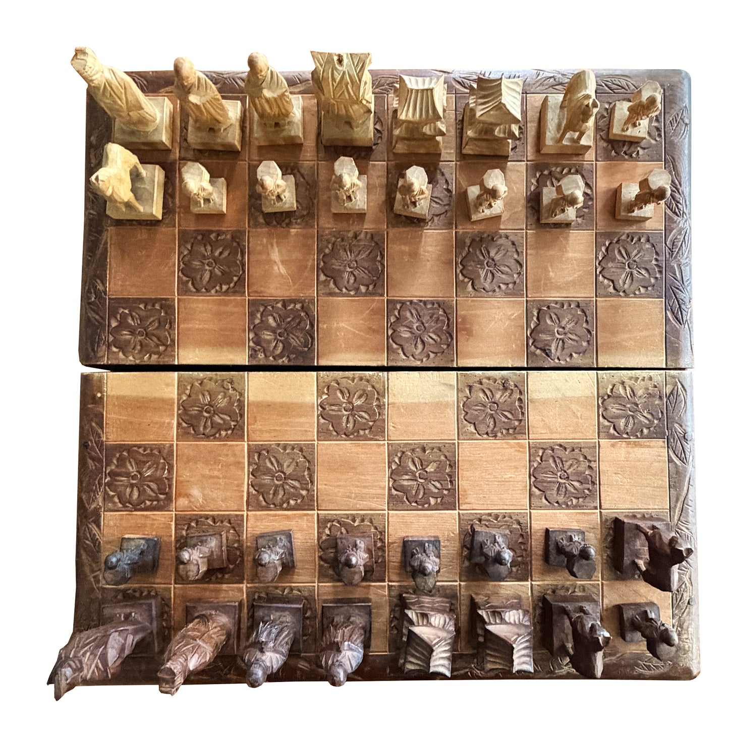 Vintage Chinese Hand-Carved Wood Figural Chess Set with Folding Game Board