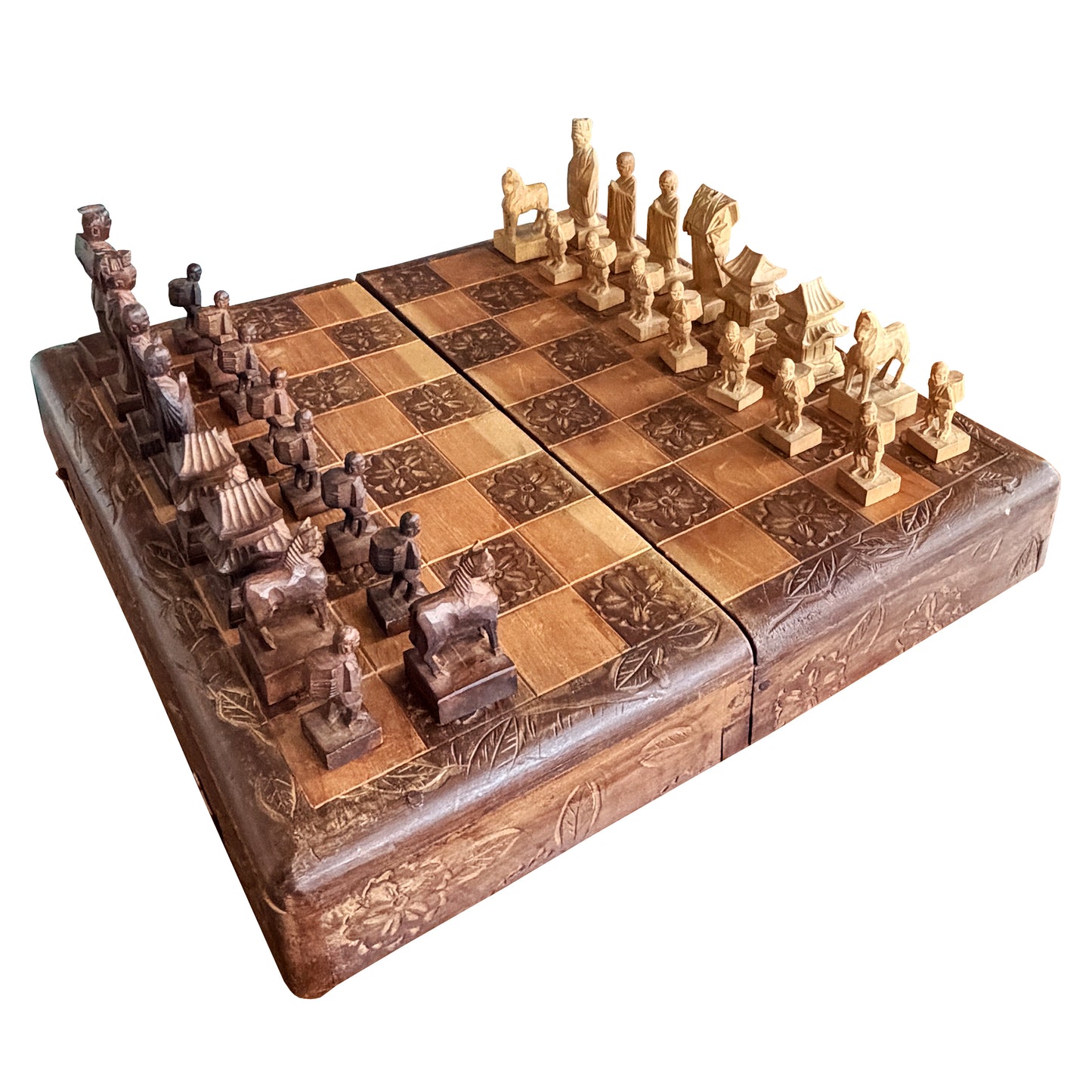 Vintage Chinese Hand-Carved Wood Figural Chess Set with Folding Game Board