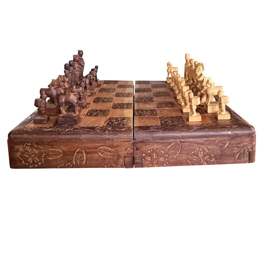 Vintage Chinese Hand-Carved Wood Figural Chess Set with Folding Game Board