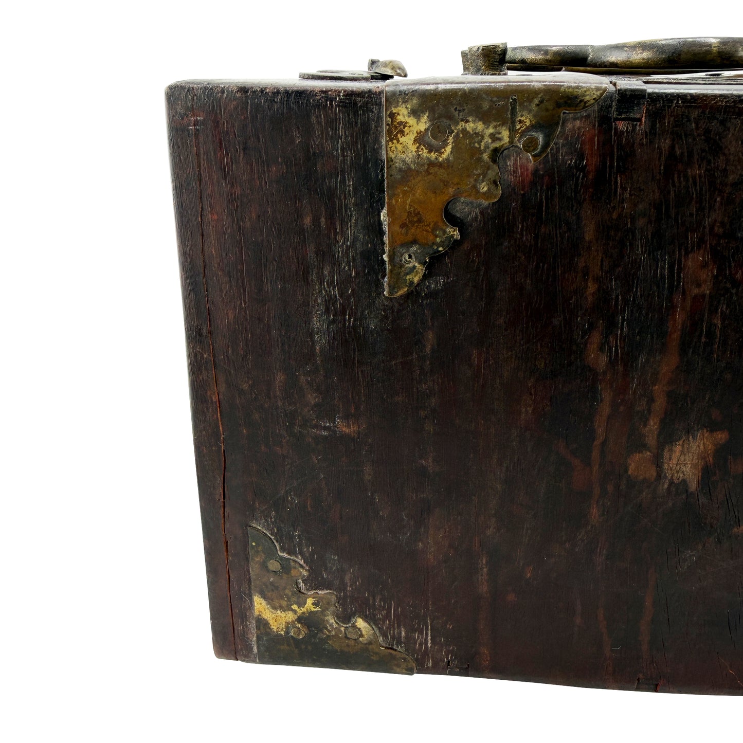 Antique Chinese Painted Wood Jewelry Box with Mirror and Brass Fittings